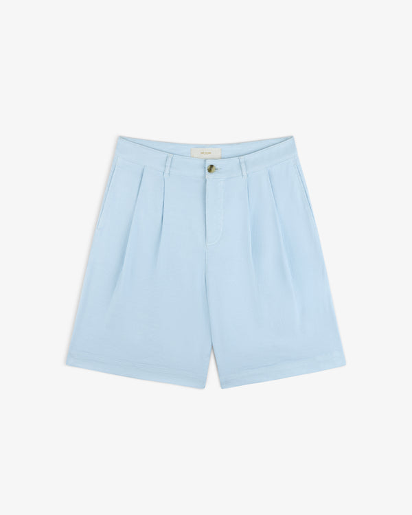 Light blue Pleated Linen Blend Bermuda Short with button and zipper, laid flat on a white background.
