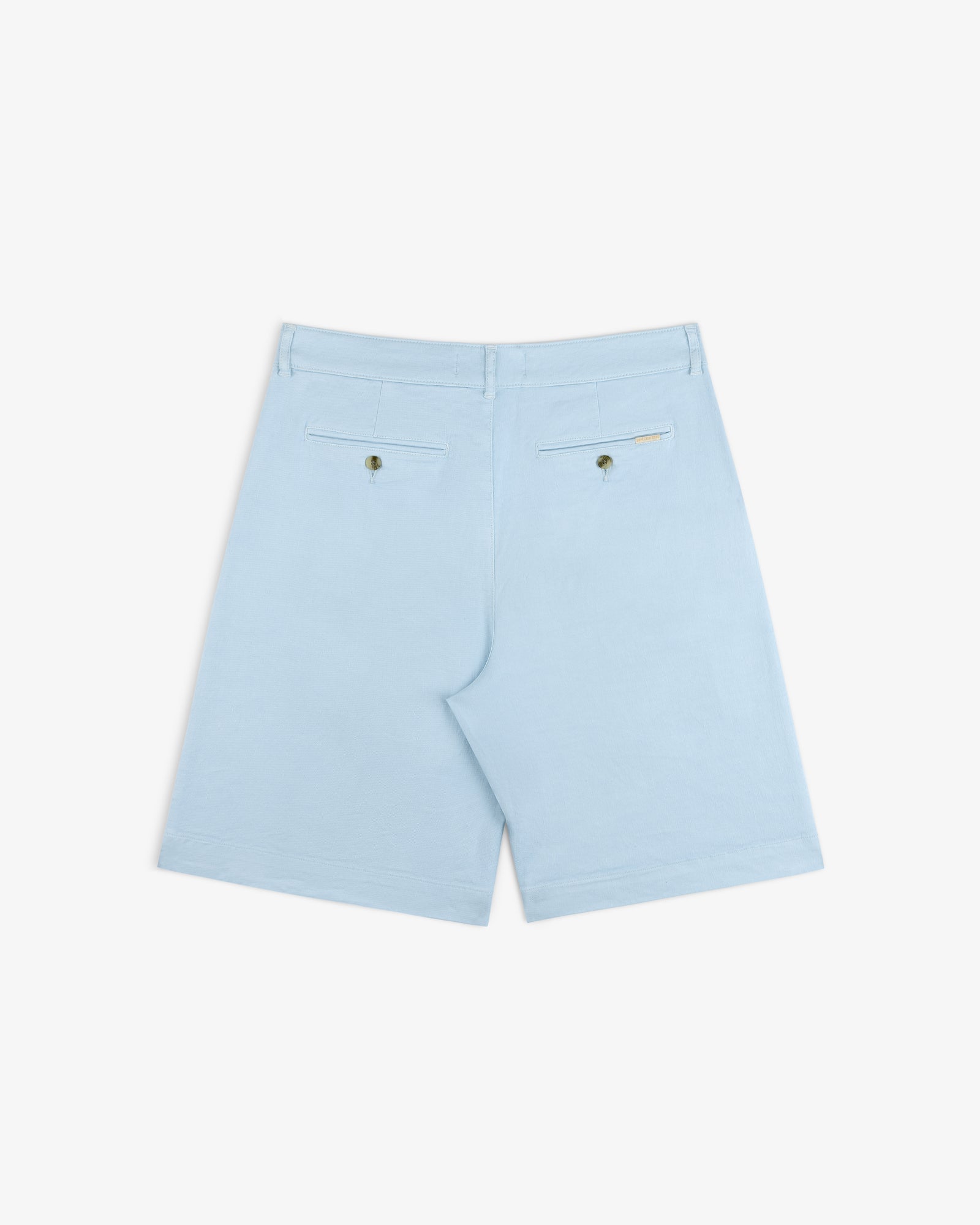 Pleated Linen Blend Bermuda Short in light blue, with two back pockets and button closures, shown on white background.
