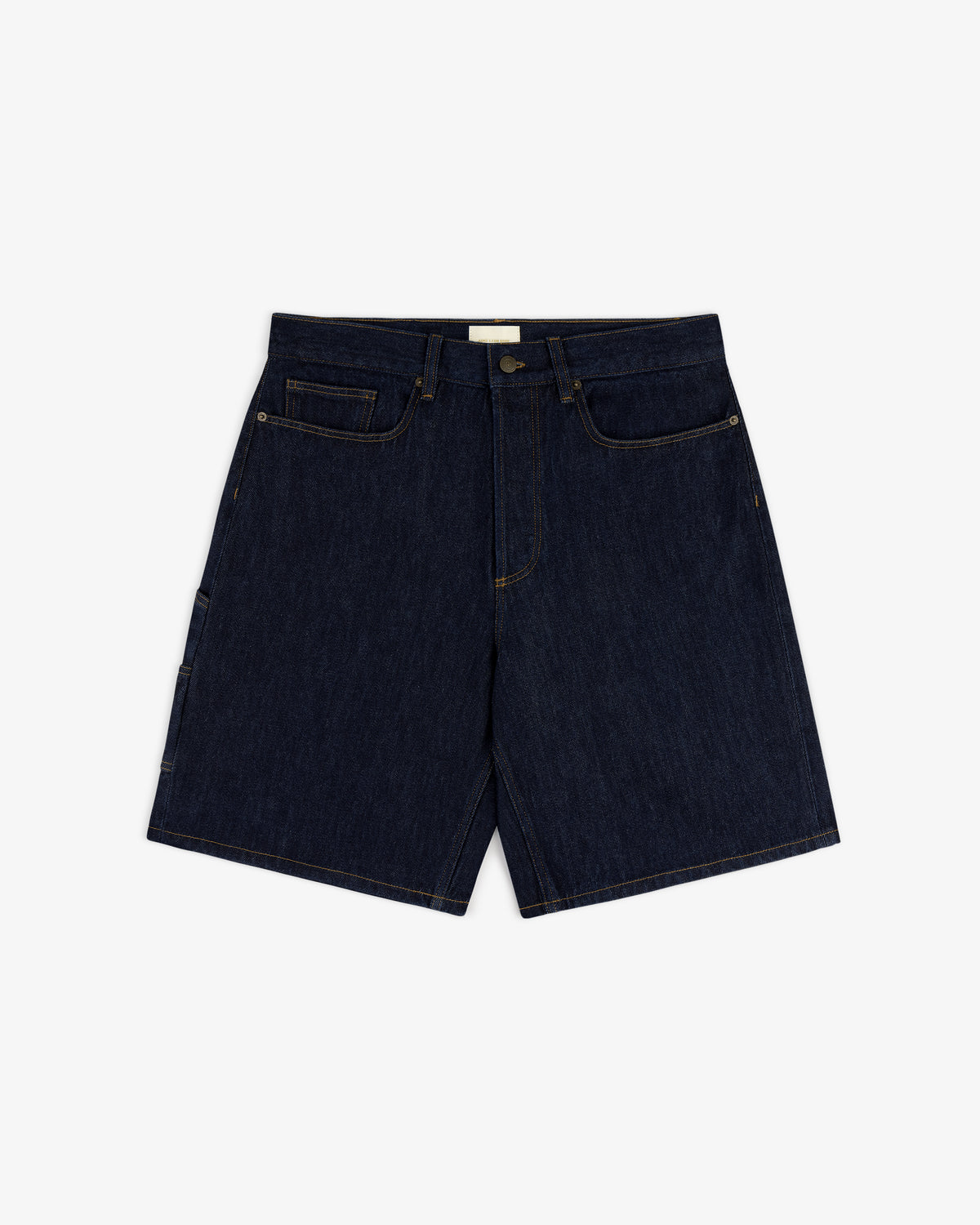 Flat lay of Rinse Wash Denim Short with front pockets and button closure, displayed on a white background.