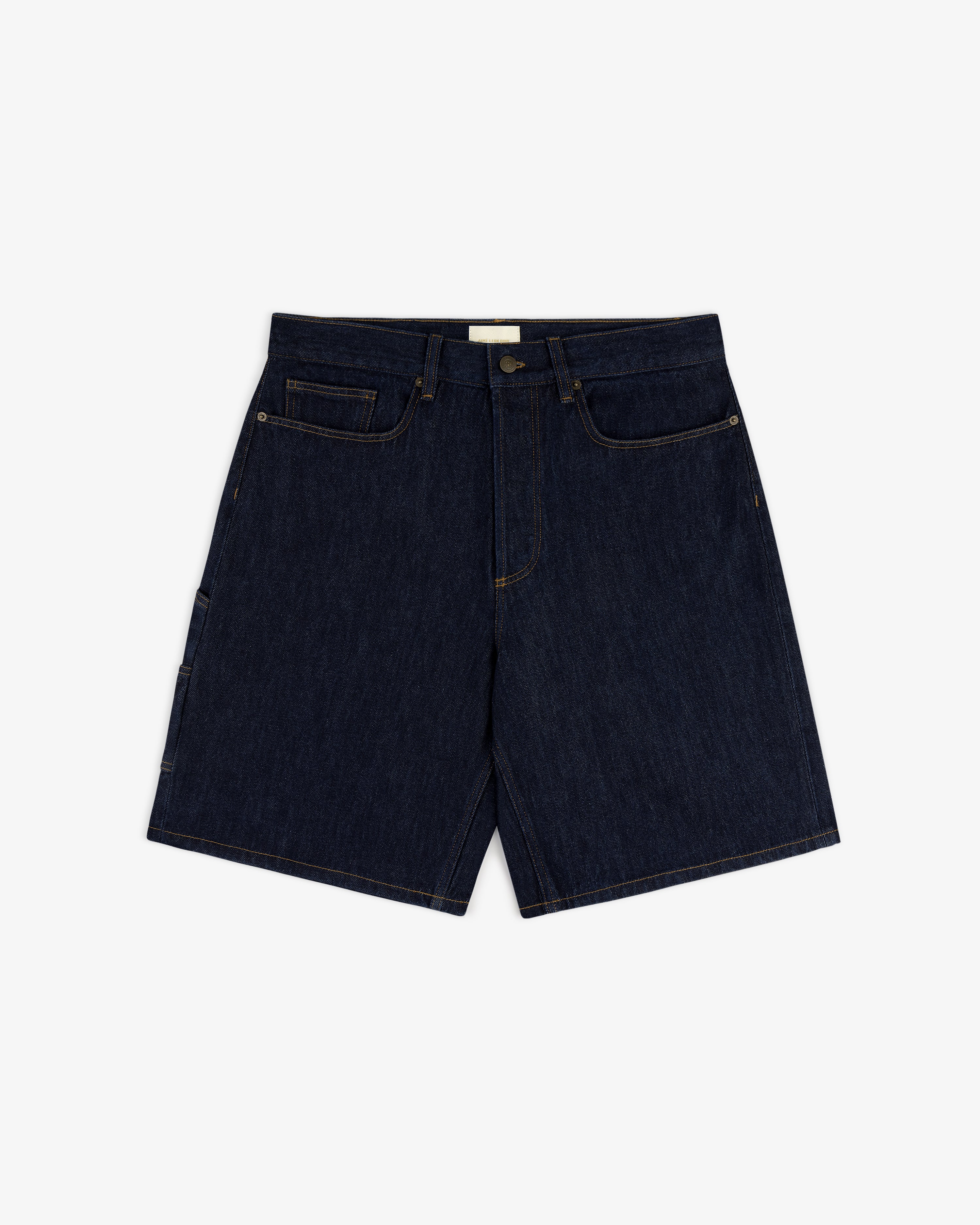 Flat lay of Rinse Wash Denim Short with front pockets and button closure, displayed on a white background.