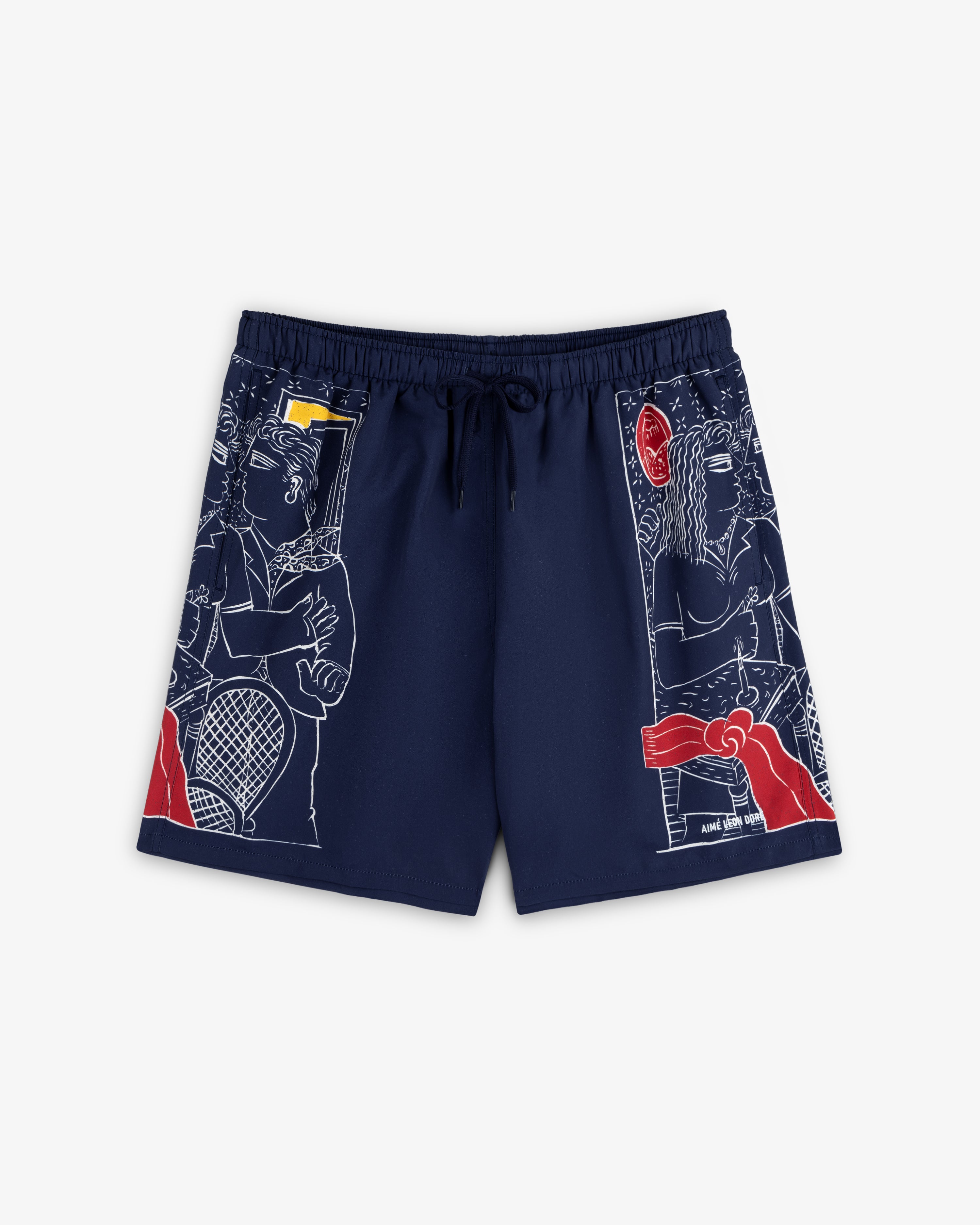 Fassianos "Nocturnal Love" swim short in navy with white and red tennis player line art, rackets, and a net.