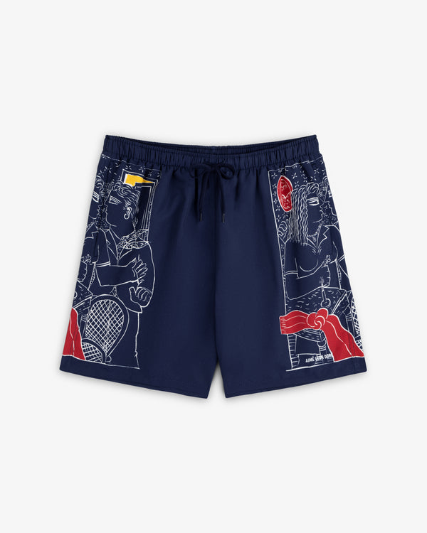 Fassianos "Nocturnal Love" swim short in navy with white and red tennis player line art, rackets, and a net.