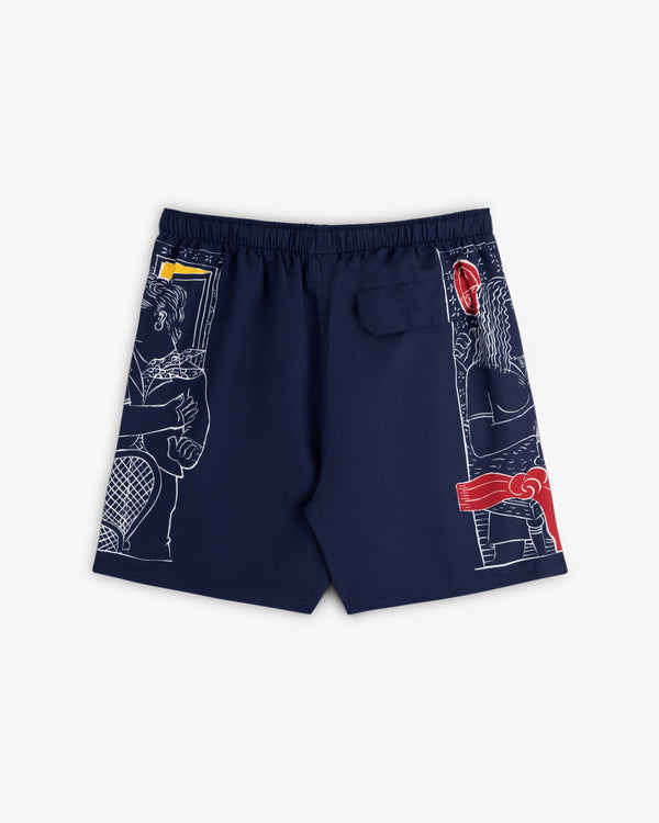 Fassianos "Nocturnal Love" swim shorts: navy blue with white line art and red-yellow abstract figure accents.