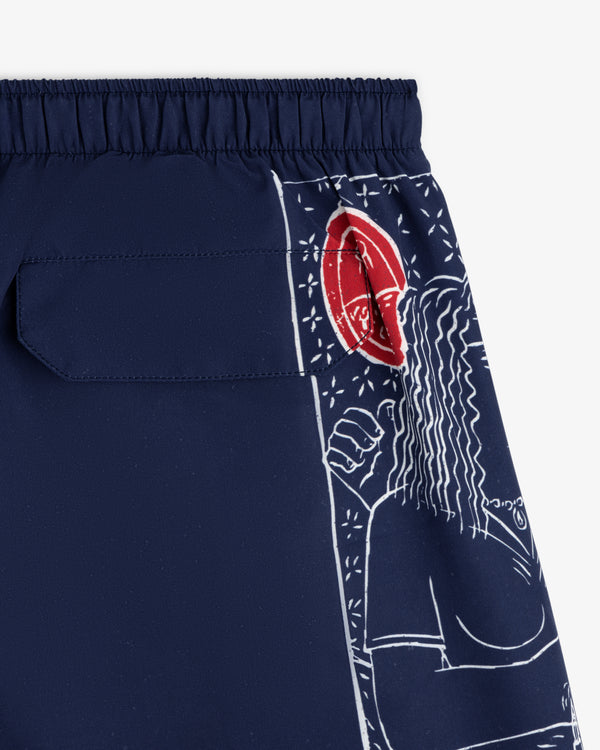 Fassianos "Nocturnal Love" swim short: navy with white line art, red accent by waistband, and a back pocket.