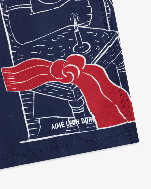Navy "Nocturnal Love" swim short features white line art and a red ribbon; Aimé Leon Dore text is visible.