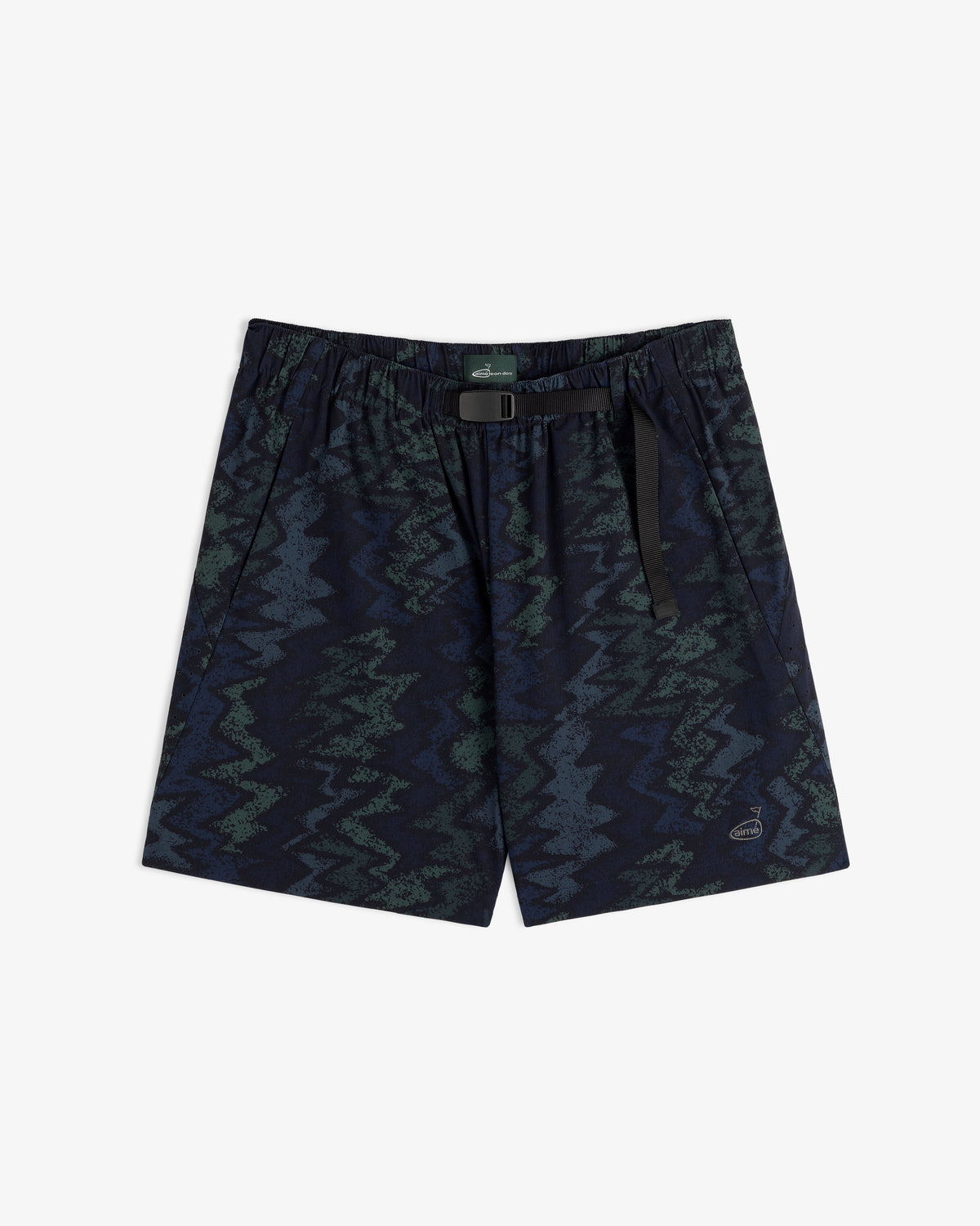 ALD Golf Performance Short: navy blue with green zigzag pattern, elastic waistband, and black adjustable belt.