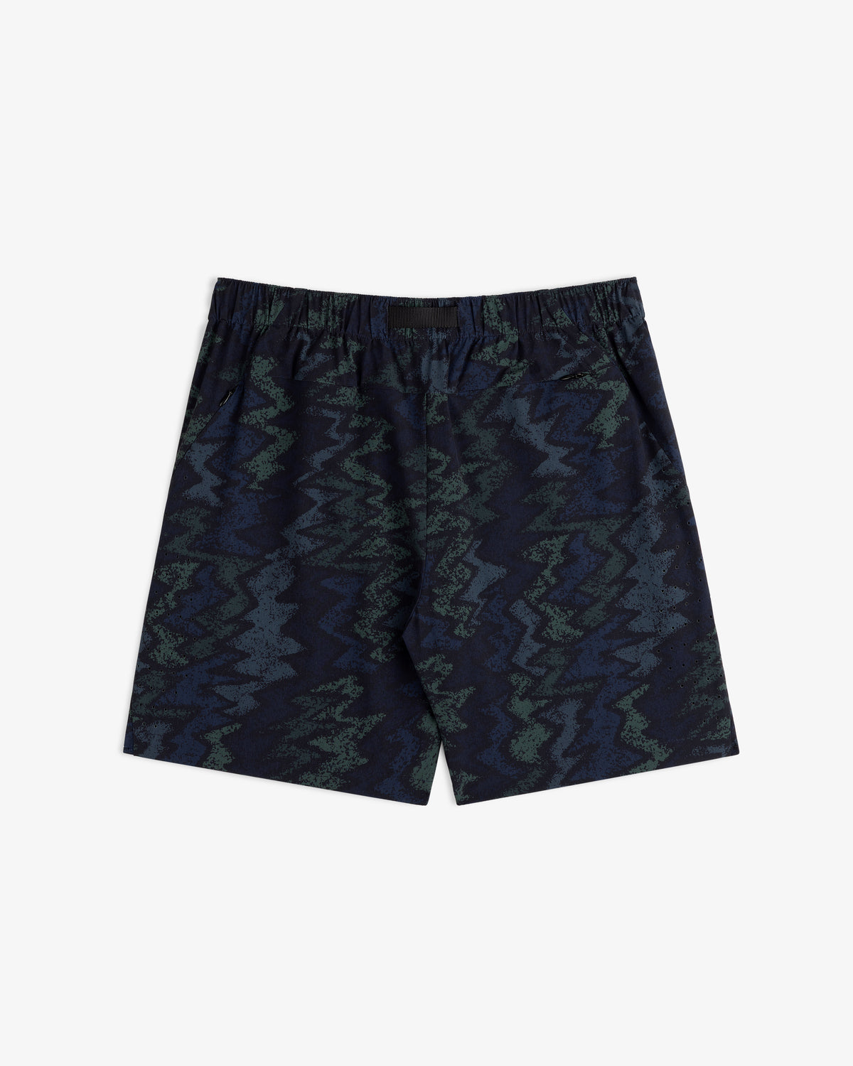 ALD Golf Performance Short in navy blue with an elastic waistband and green-blue zigzag abstract pattern.
