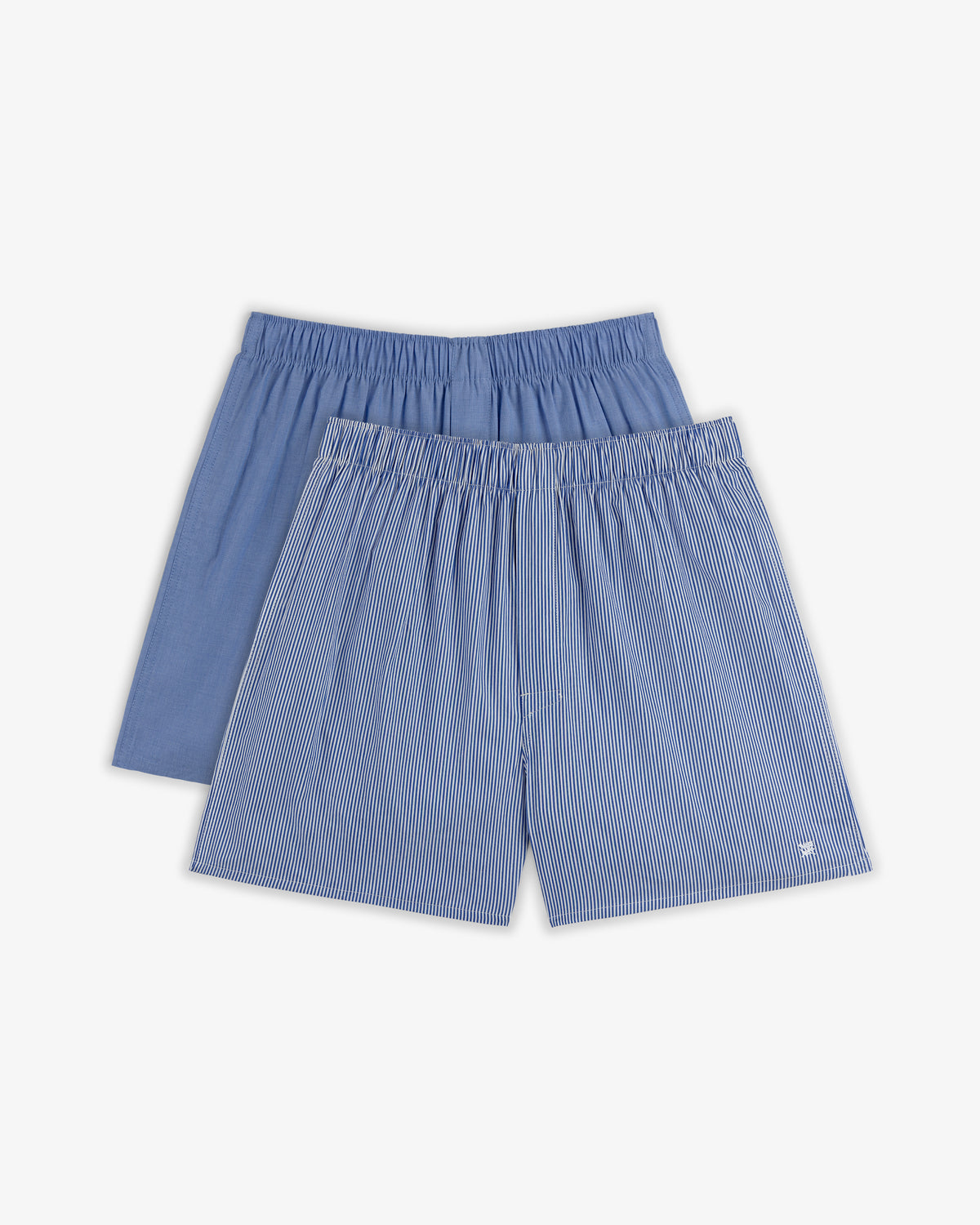Boxer Short 2-Pack: includes one solid blue and one blue with white stripes, shown on a plain background.