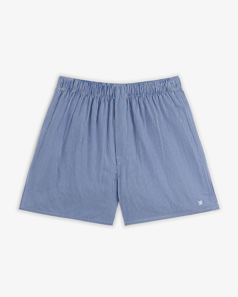 Boxer Short 2-Pack: blue and white pinstriped men's boxers with elastic waistband, shown on a white background.