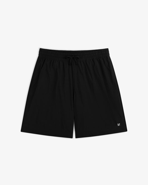 Long Nylon Track Short featuring an elastic waistband and drawstring, shown on a white background.