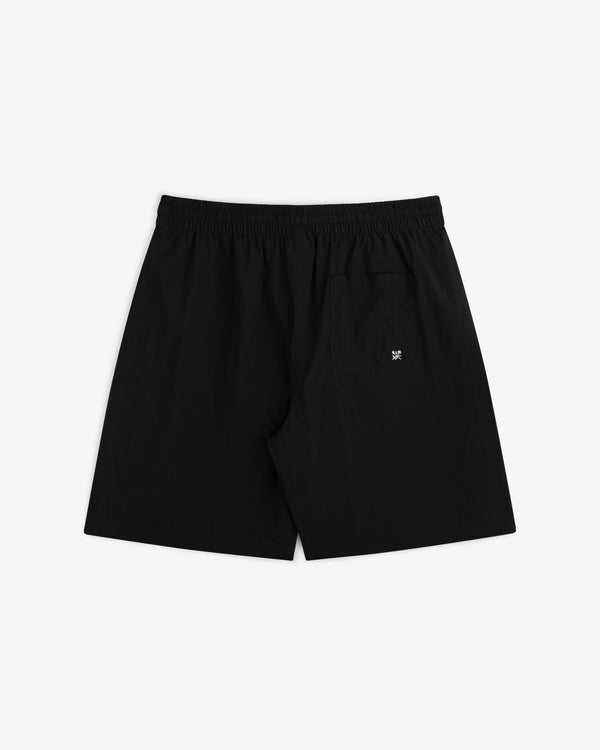 Long Nylon Track Short, black with elastic waistband and small back pocket, shown flat on a white background.
