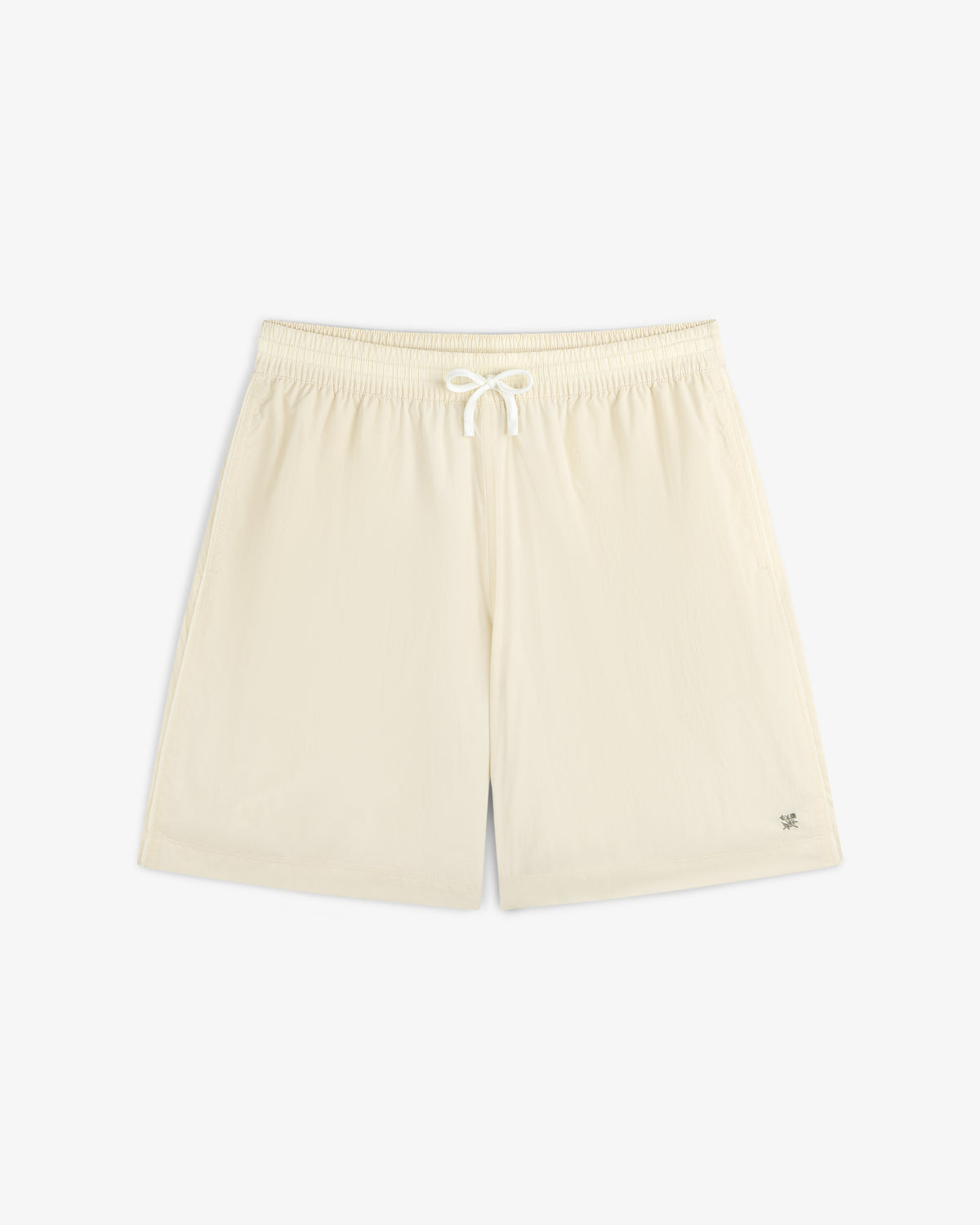 Long Nylon Track Short in off-white with elastic waistband and drawstring, laid flat on a white background.