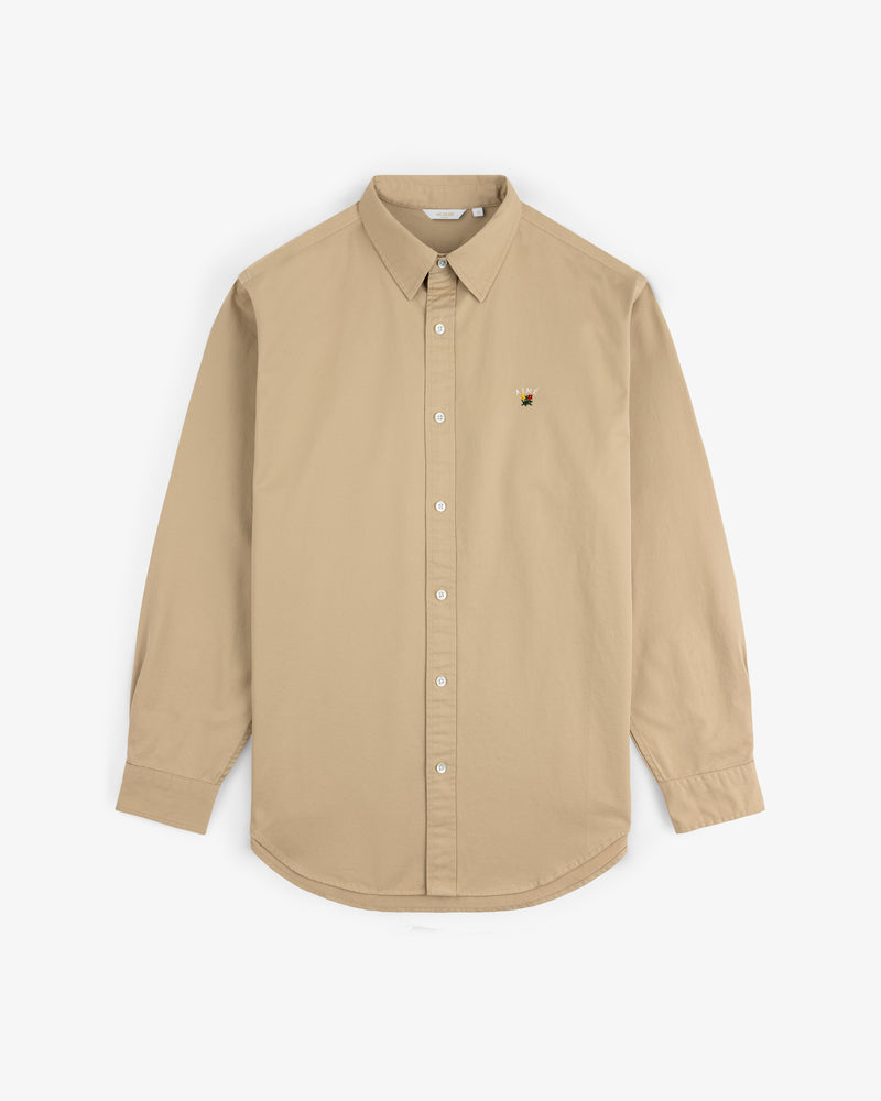 Leon Overshirt: Beige long-sleeve button-up with a small embroidered bee on the left chest, shown on white background.