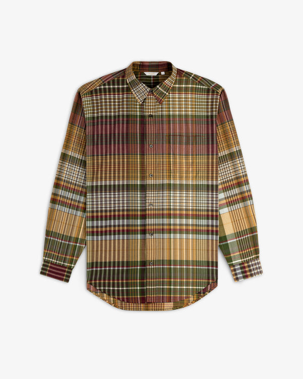 Washed Madras Shirt: long-sleeve button-up with green, brown, red, and yellow multicolored plaid pattern.