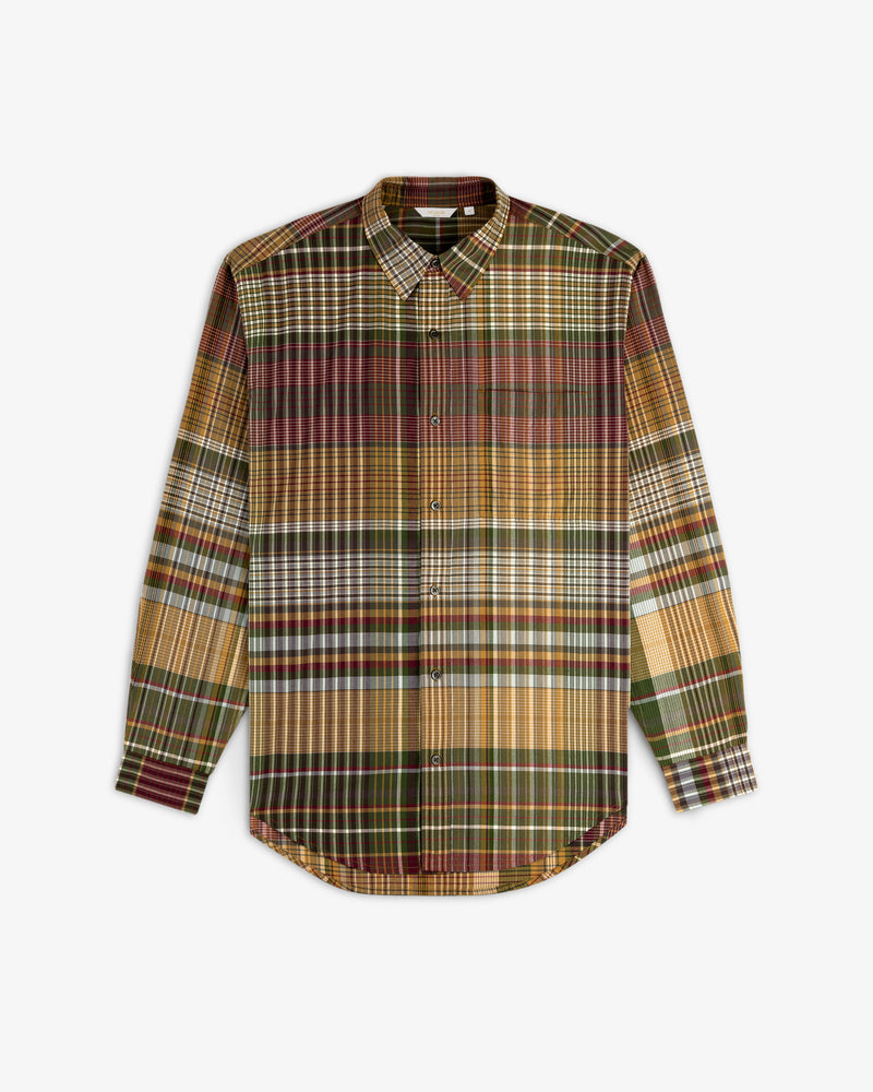 Washed Madras Shirt: long-sleeve button-up with green, brown, red, and yellow multicolored plaid pattern.