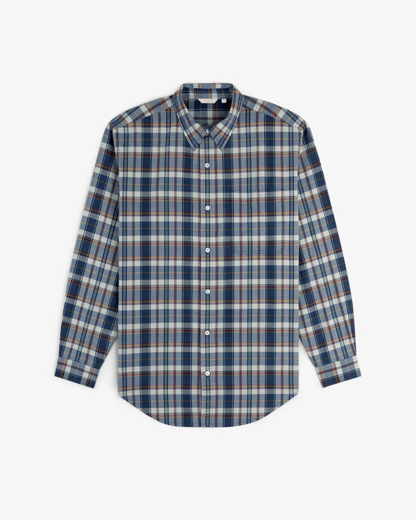 Washed Madras Shirt in blue, white, and brown plaid with long sleeves, laid flat on a white background.