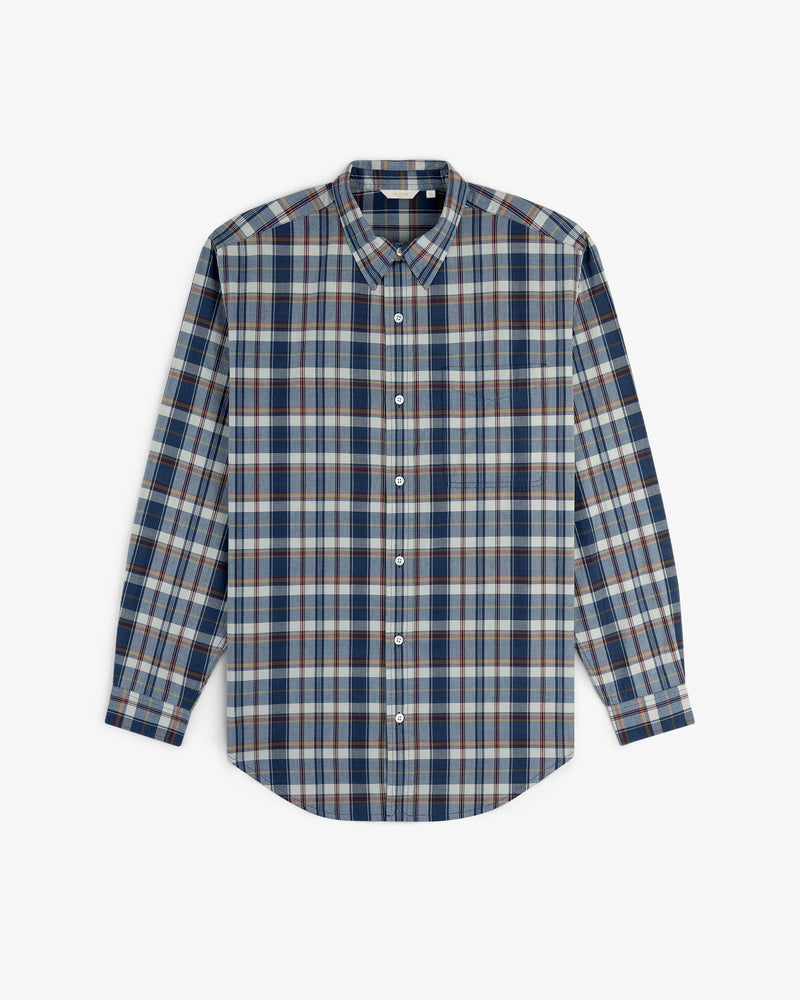 Washed Madras Shirt in blue, white, and brown plaid with long sleeves, laid flat on a white background.