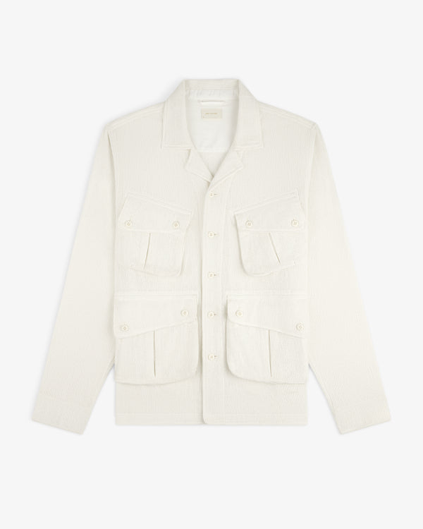 Mesh Jungle Shirt with collar and four front flap pockets, off-white and textured, laid flat on white background.