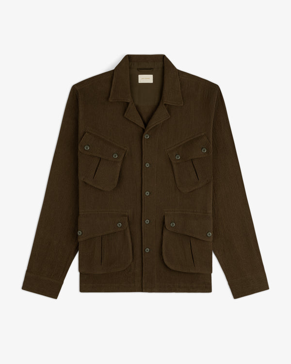 Mesh Jungle Shirt in dark brown, button-up, with four front flap pockets, displayed on a white background.