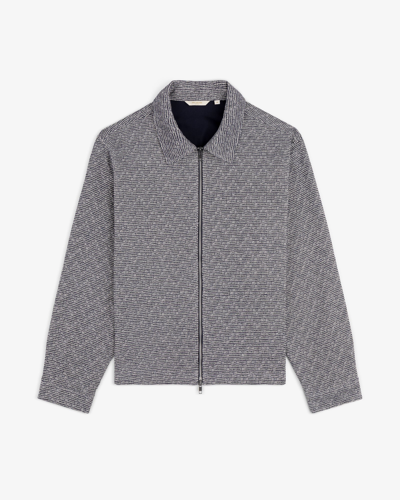 Textured Zip Shirt in gray with a subtle checkered pattern, long sleeves, and a pointed collar, on a white background.