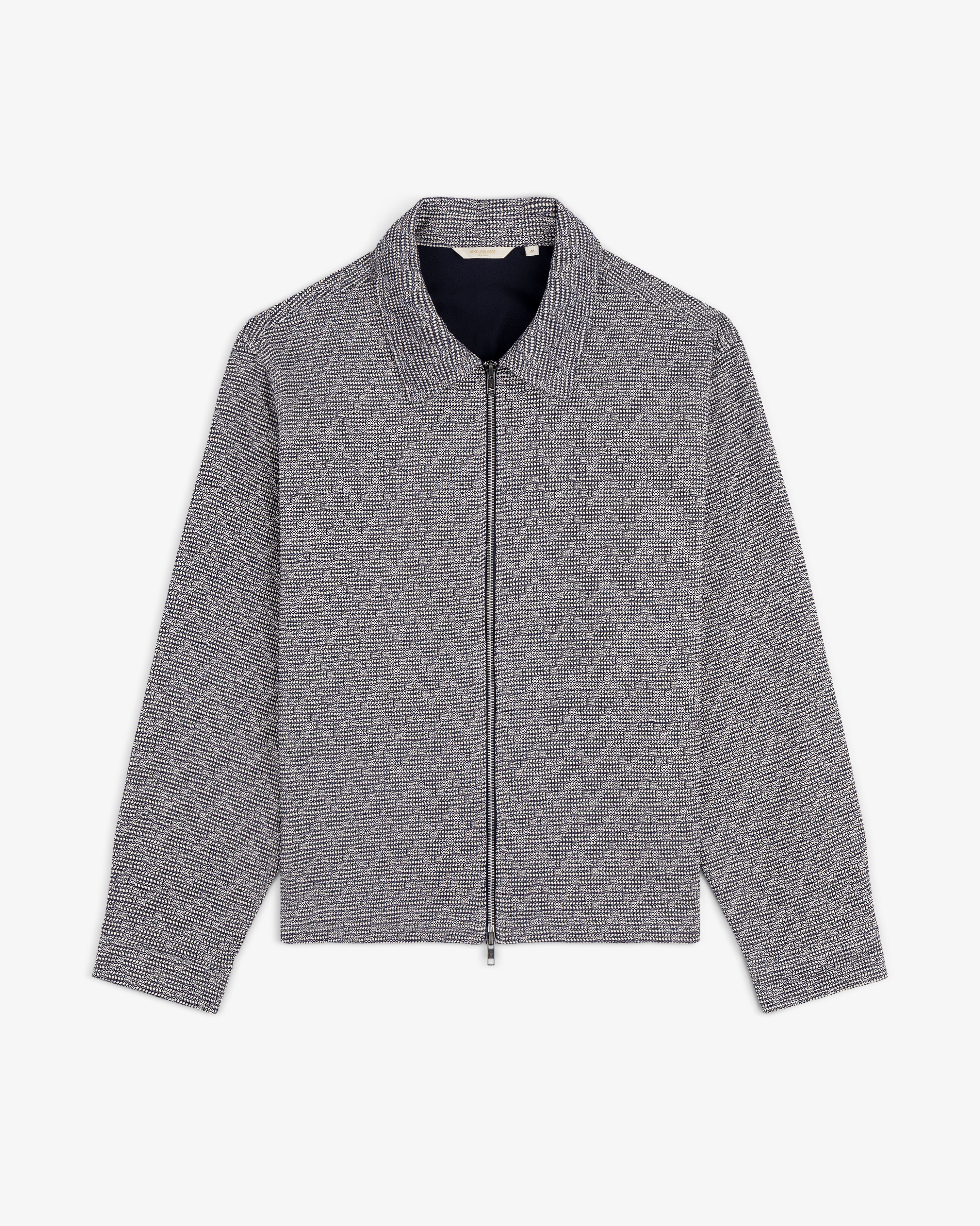 Textured Zip Shirt in gray with a subtle checkered pattern, long sleeves, and a pointed collar, on a white background.