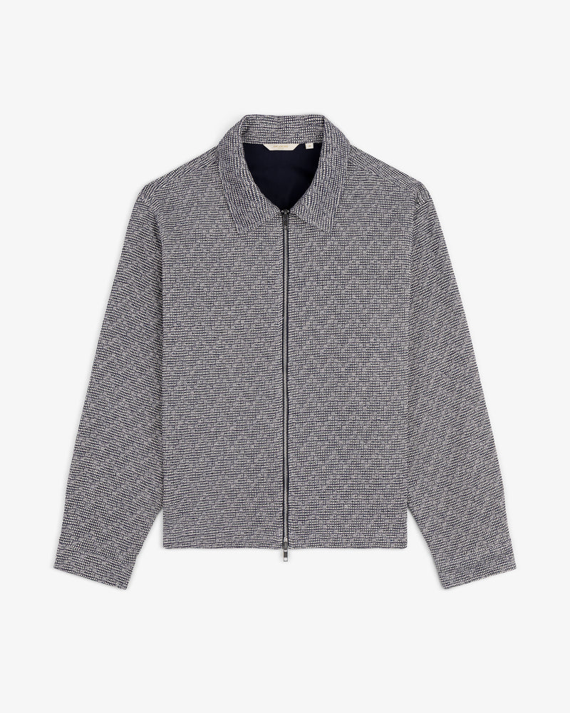 Textured Zip Shirt in gray with a subtle checkered pattern, long sleeves, and a pointed collar, on a white background.