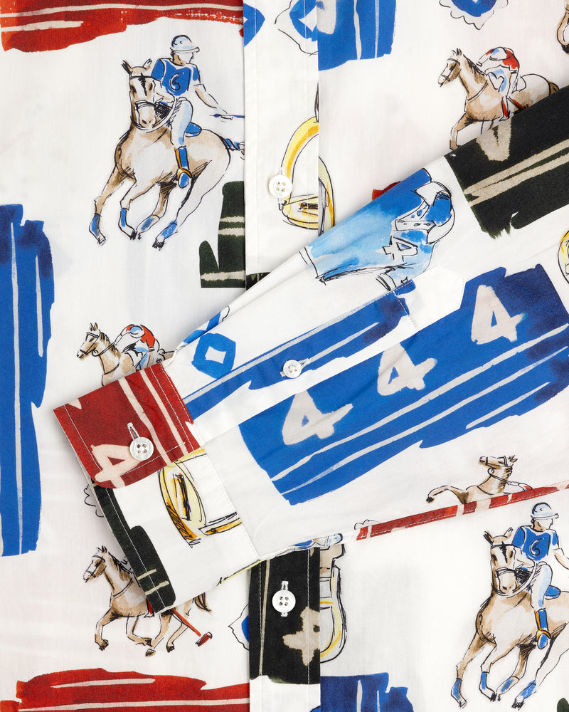 Printed Leon Overshirt featuring polo players in blue and red uniforms with abstract stripe background.