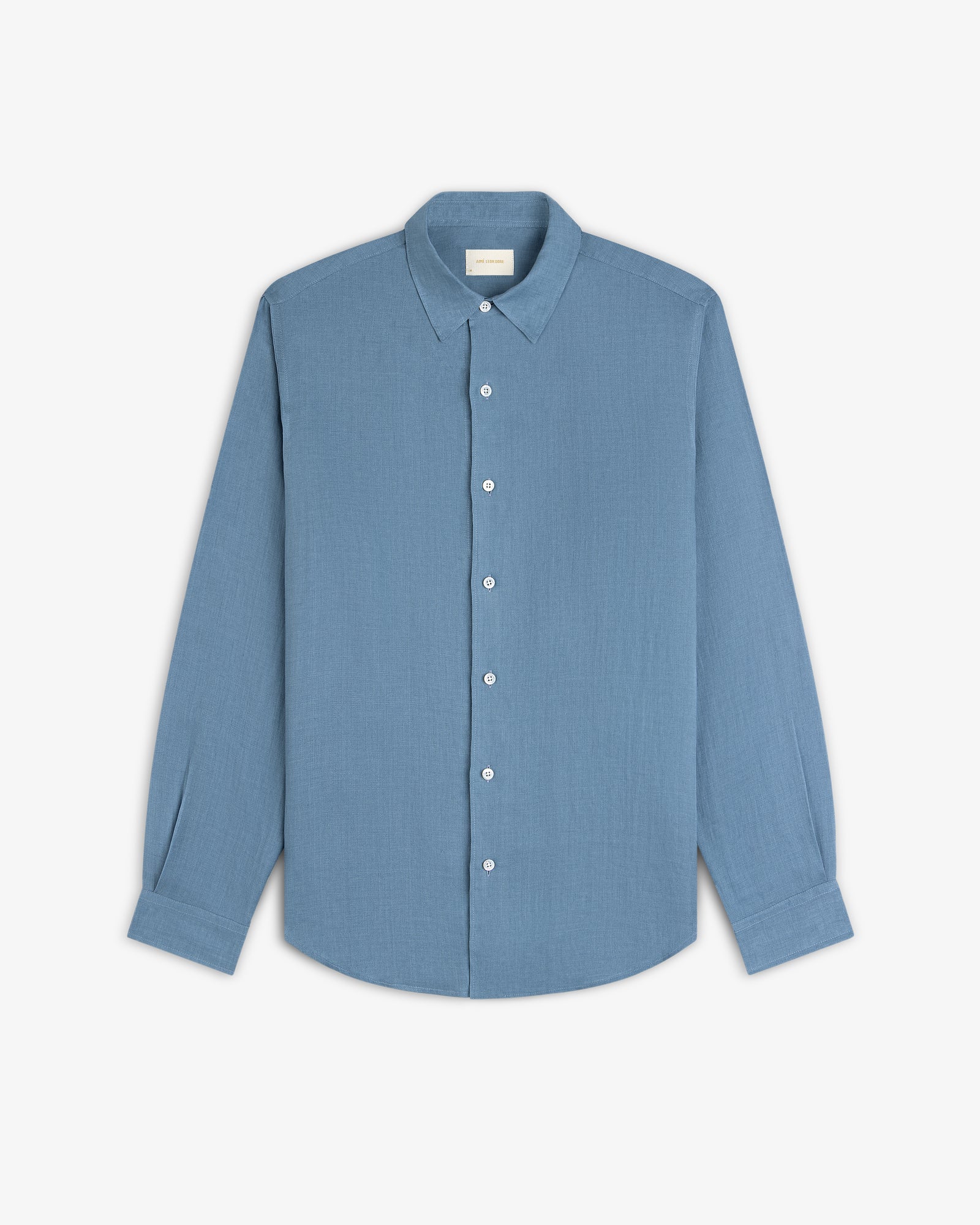 A Long-Sleeve Linen Shirt in light blue with a collar, button-up style, laid flat on a white background.