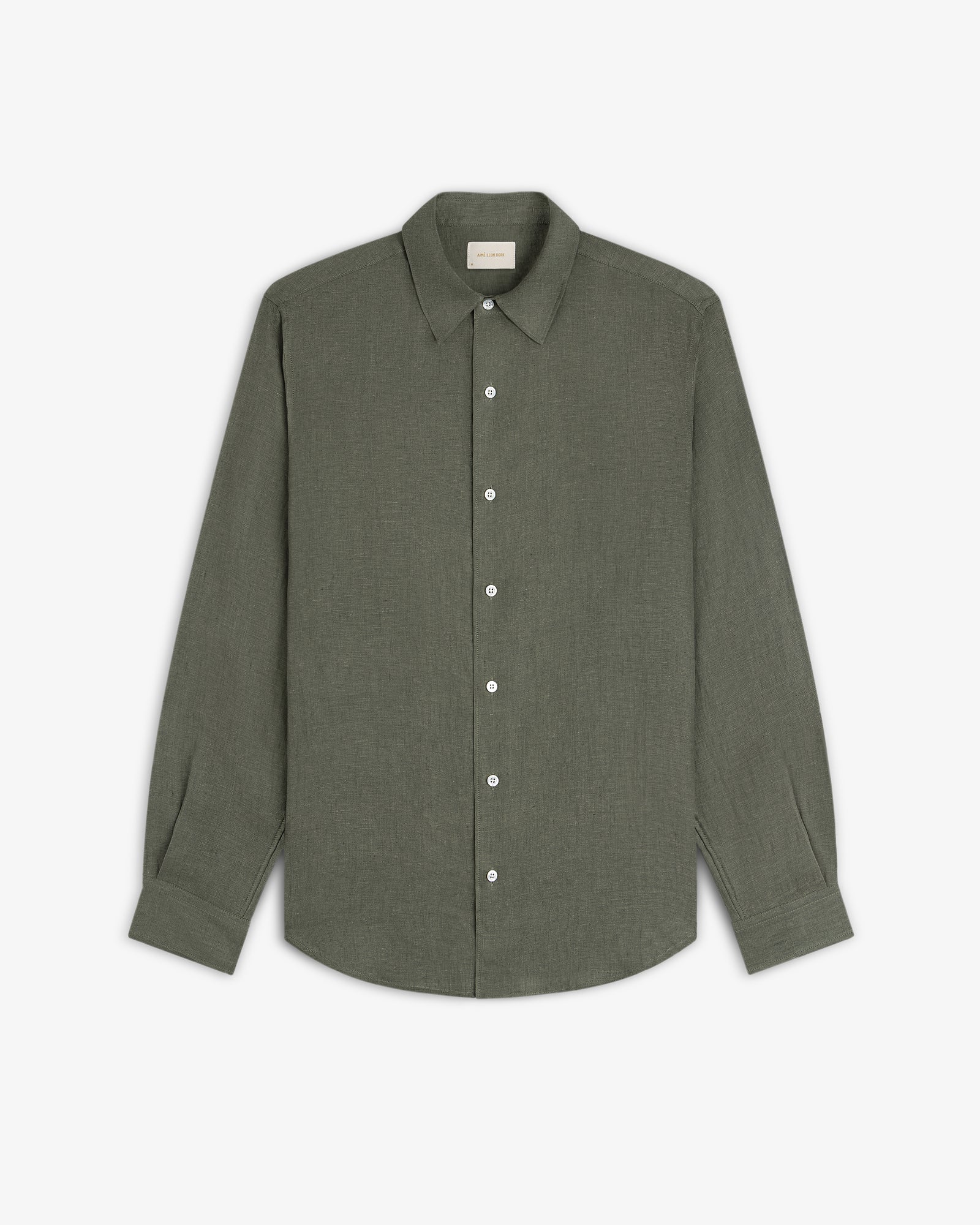 Long-Sleeve Linen Shirt in olive green with a collar, button-up style, displayed flat on a white background.