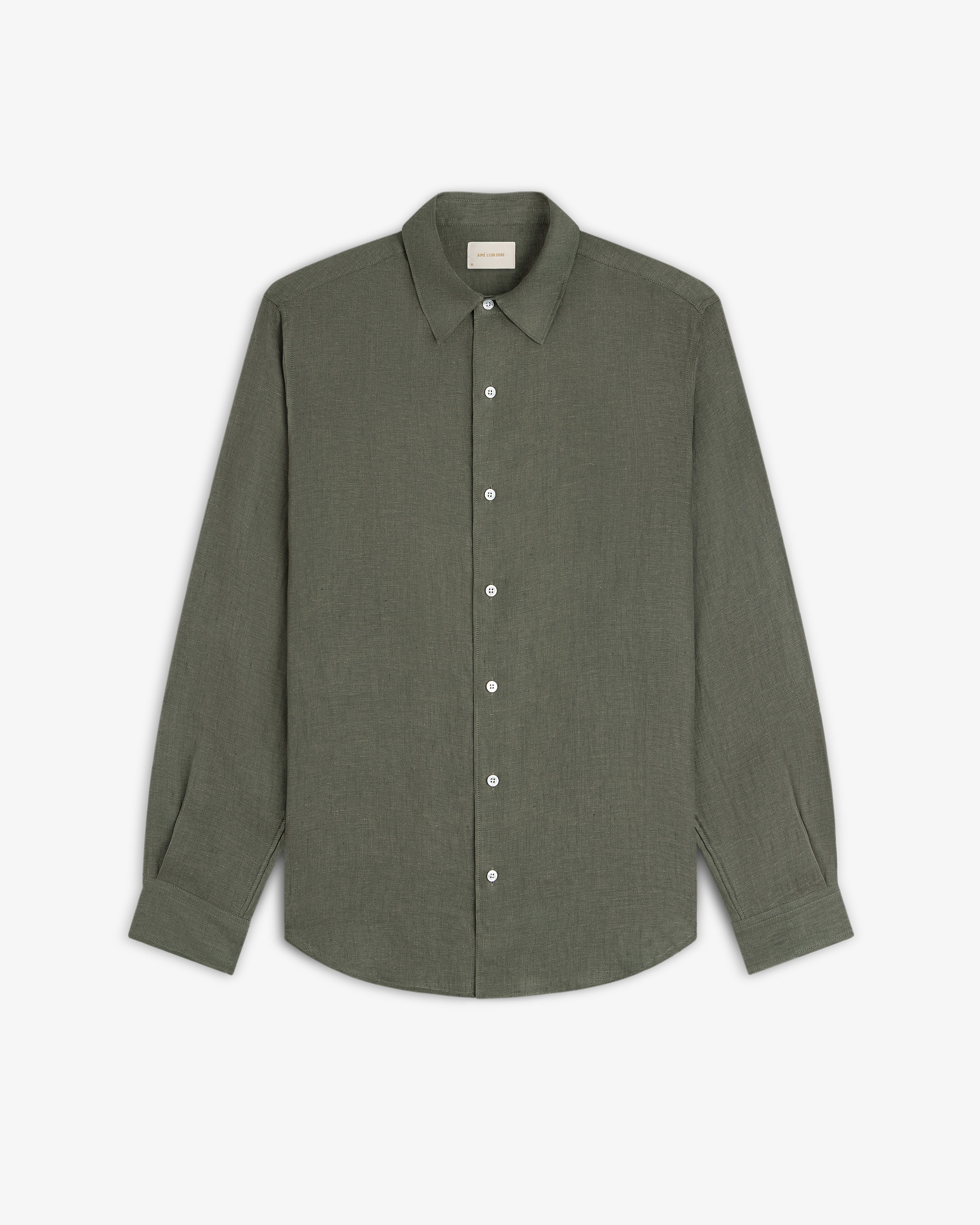 Long-Sleeve Linen Shirt in olive green with a collar, button-up style, displayed flat on a white background.