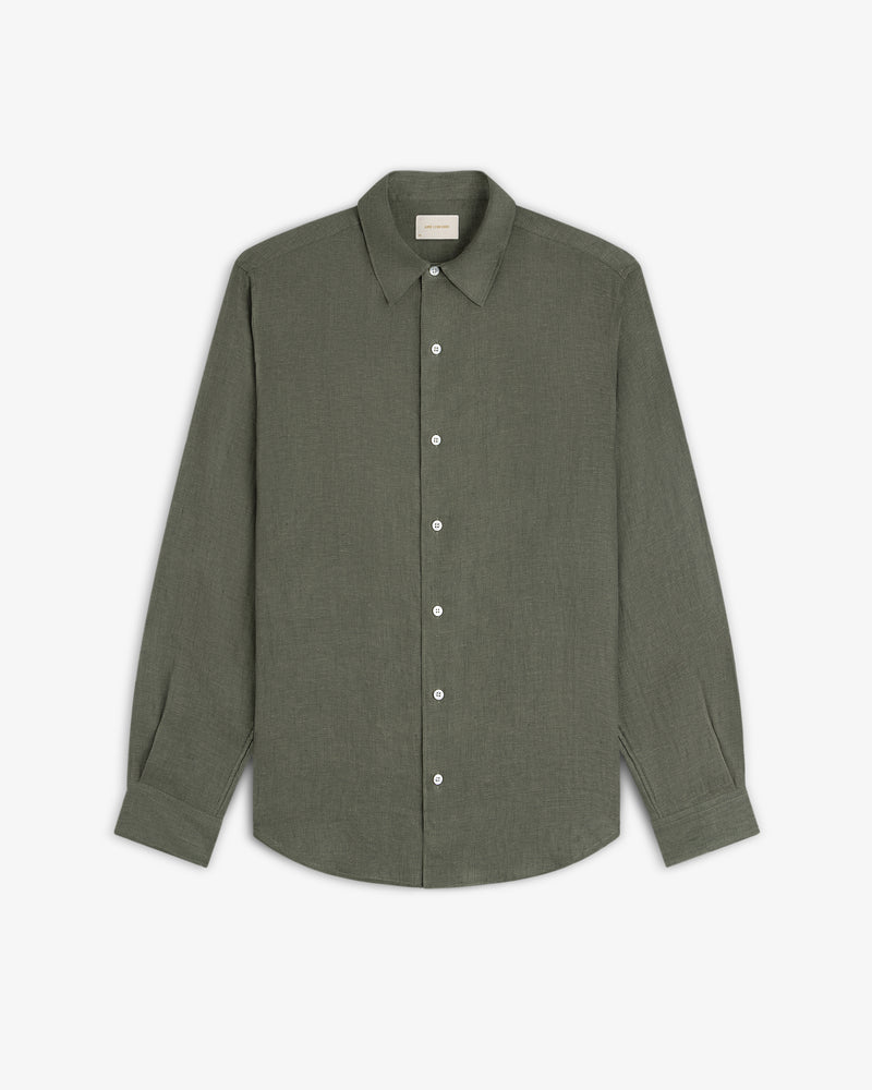 Long-Sleeve Linen Shirt in olive green with a collar, button-up style, displayed flat on a white background.