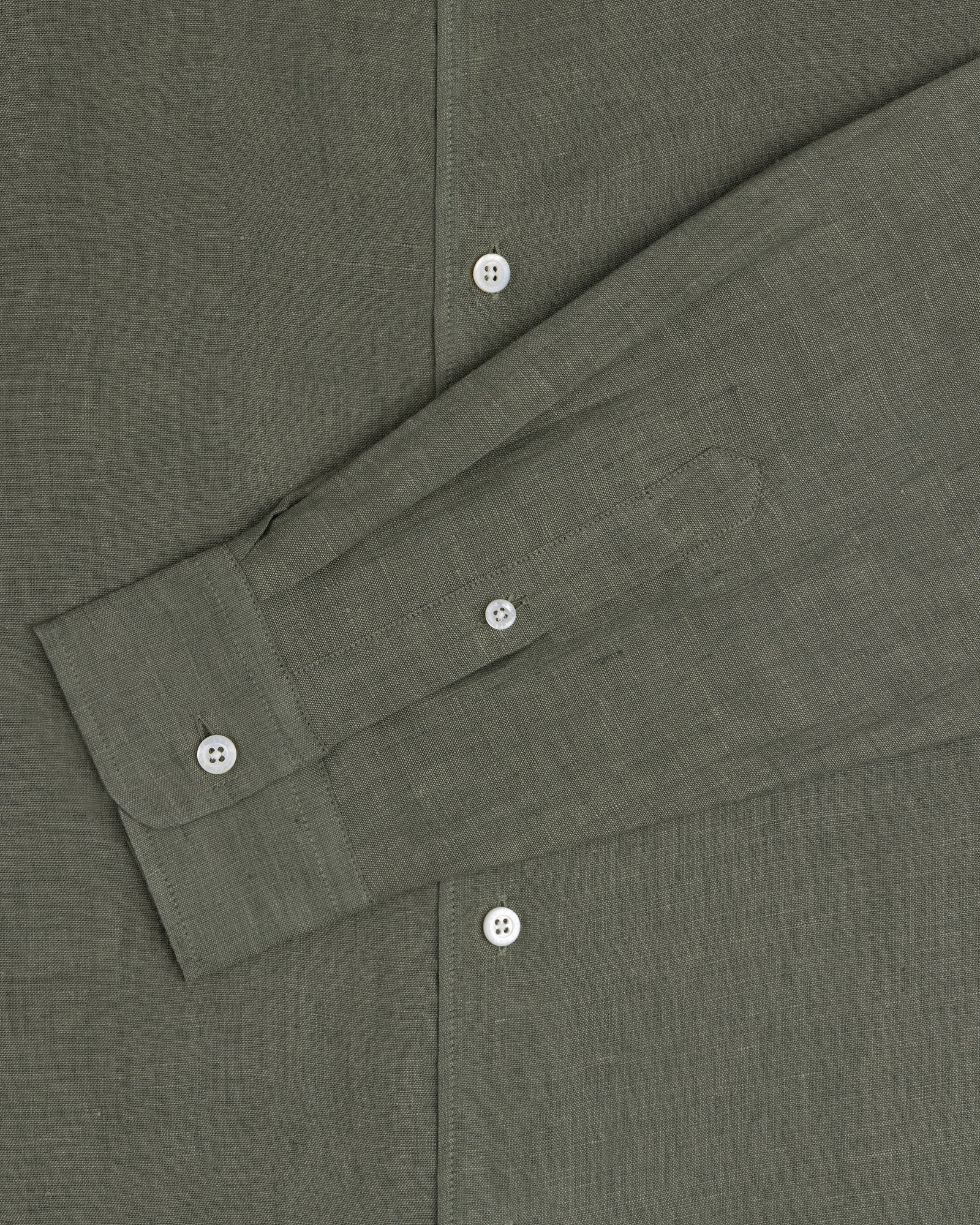 Olive green Long-Sleeve Linen Shirt with white buttons, displayed flat from chest to cuff.