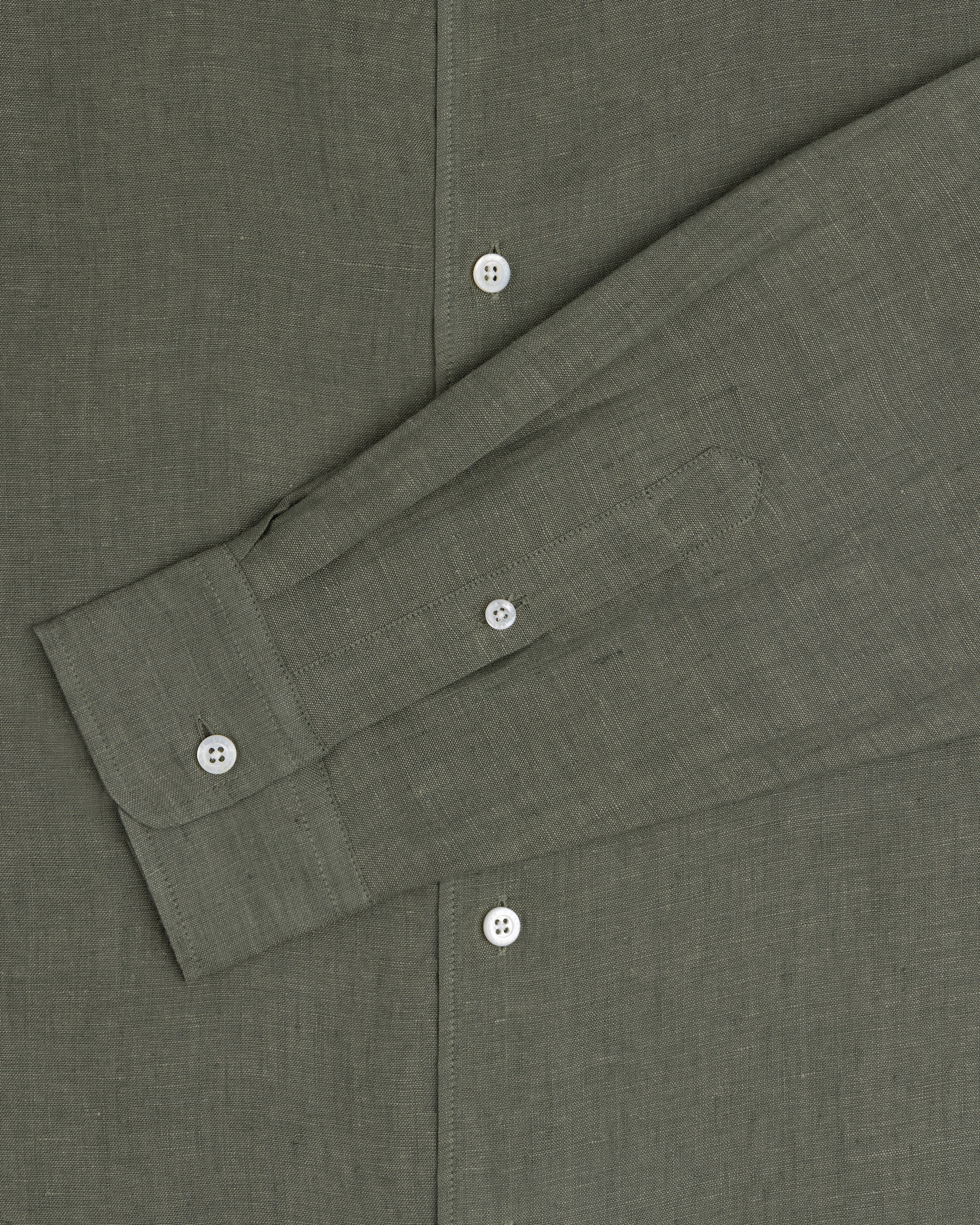 Olive green Long-Sleeve Linen Shirt with white buttons, displayed flat from chest to cuff.