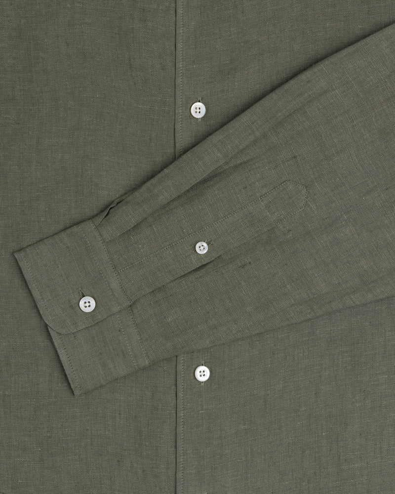 Olive green Long-Sleeve Linen Shirt with white buttons, displayed flat from chest to cuff.