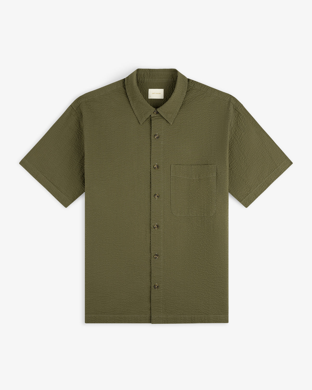 Short-Sleeve Seersucker Shirt in olive green with front pocket, button-up, shown flat on a white background.