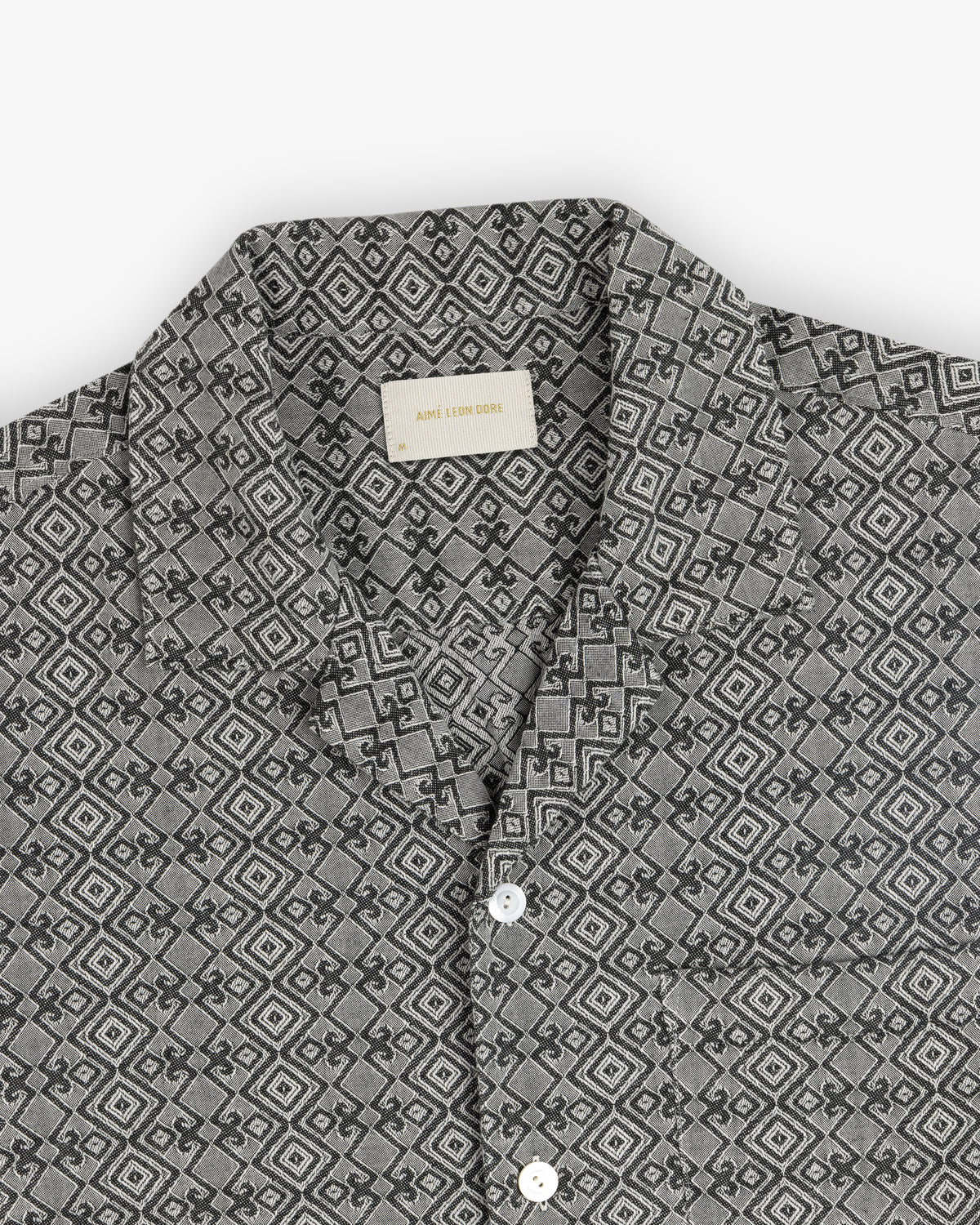 Jacquard Leisure Shirt in gray with a geometric diamond and square pattern, shown flat on a white background.