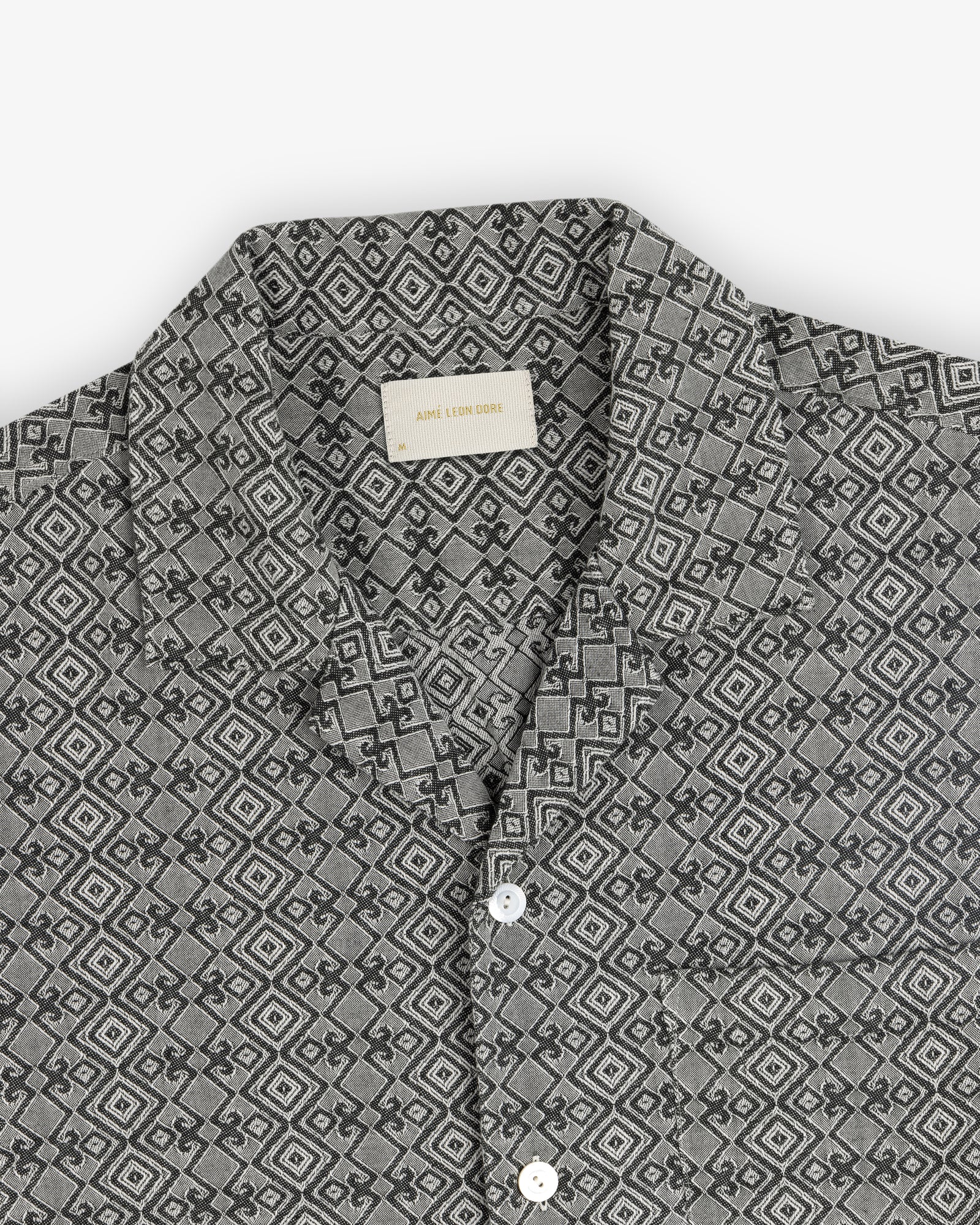 Jacquard Leisure Shirt in gray with a geometric diamond and square pattern, shown flat on a white background.
