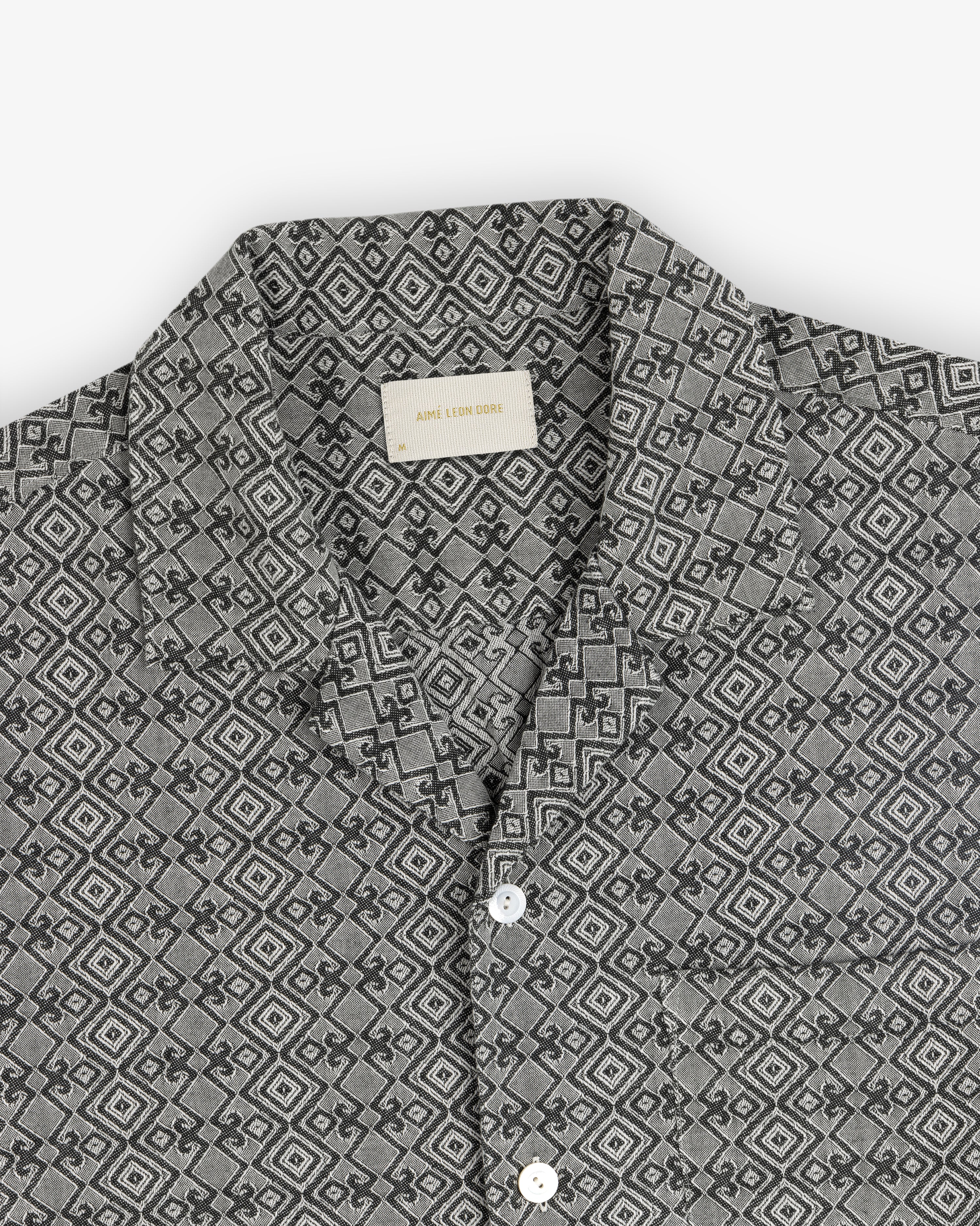 Jacquard Leisure Shirt in gray with a geometric diamond and square pattern, shown flat on a white background.