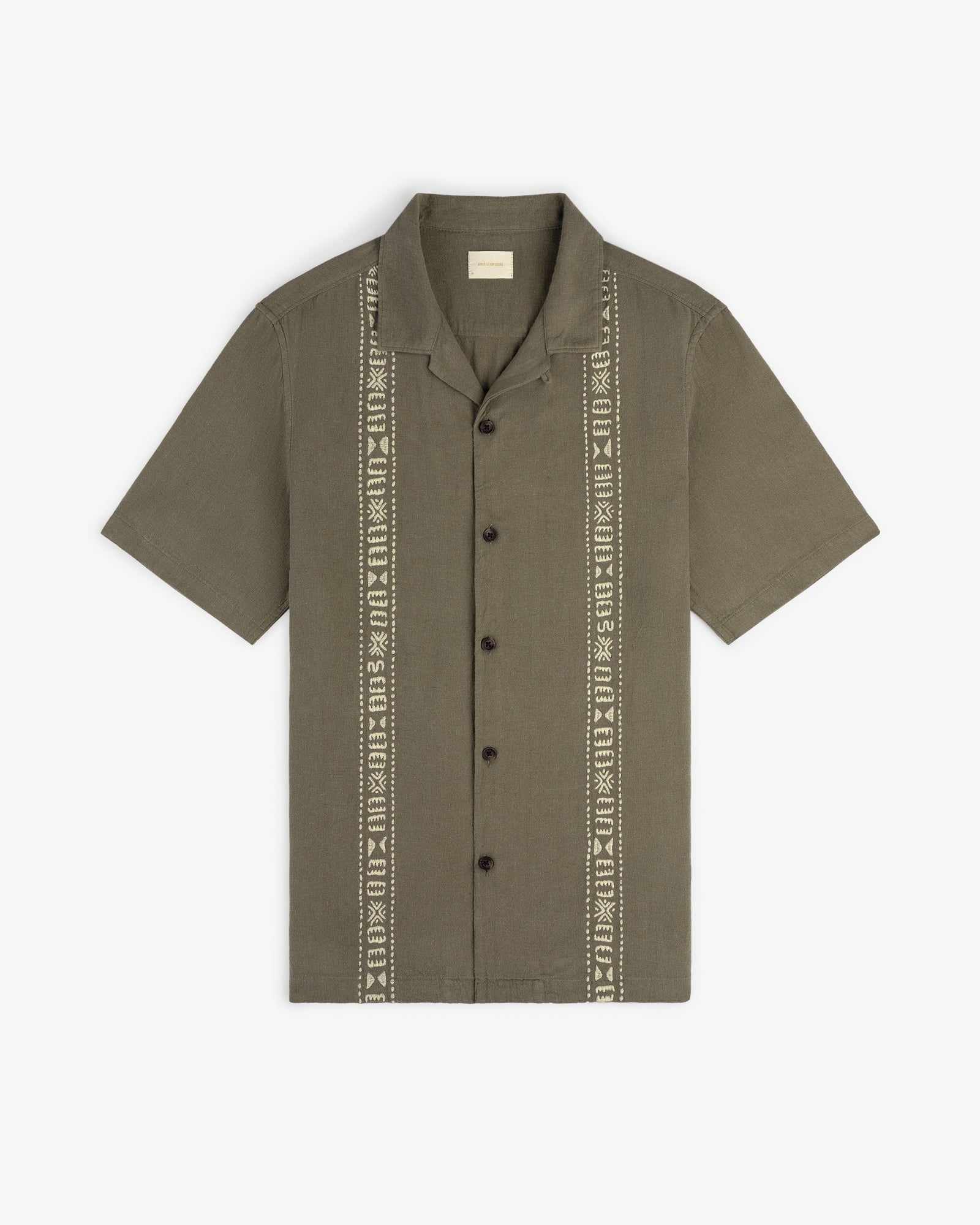 Linen Blend Leisure Shirt in olive green with beige geometric patterns flanking the front buttons.