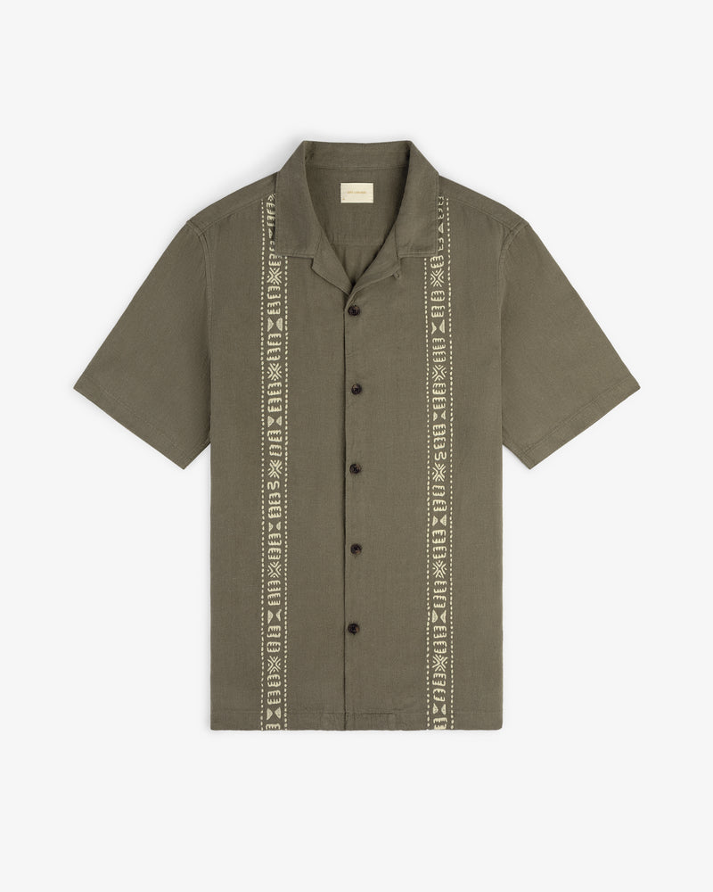 Linen Blend Leisure Shirt in olive green with beige geometric patterns flanking the front buttons.
