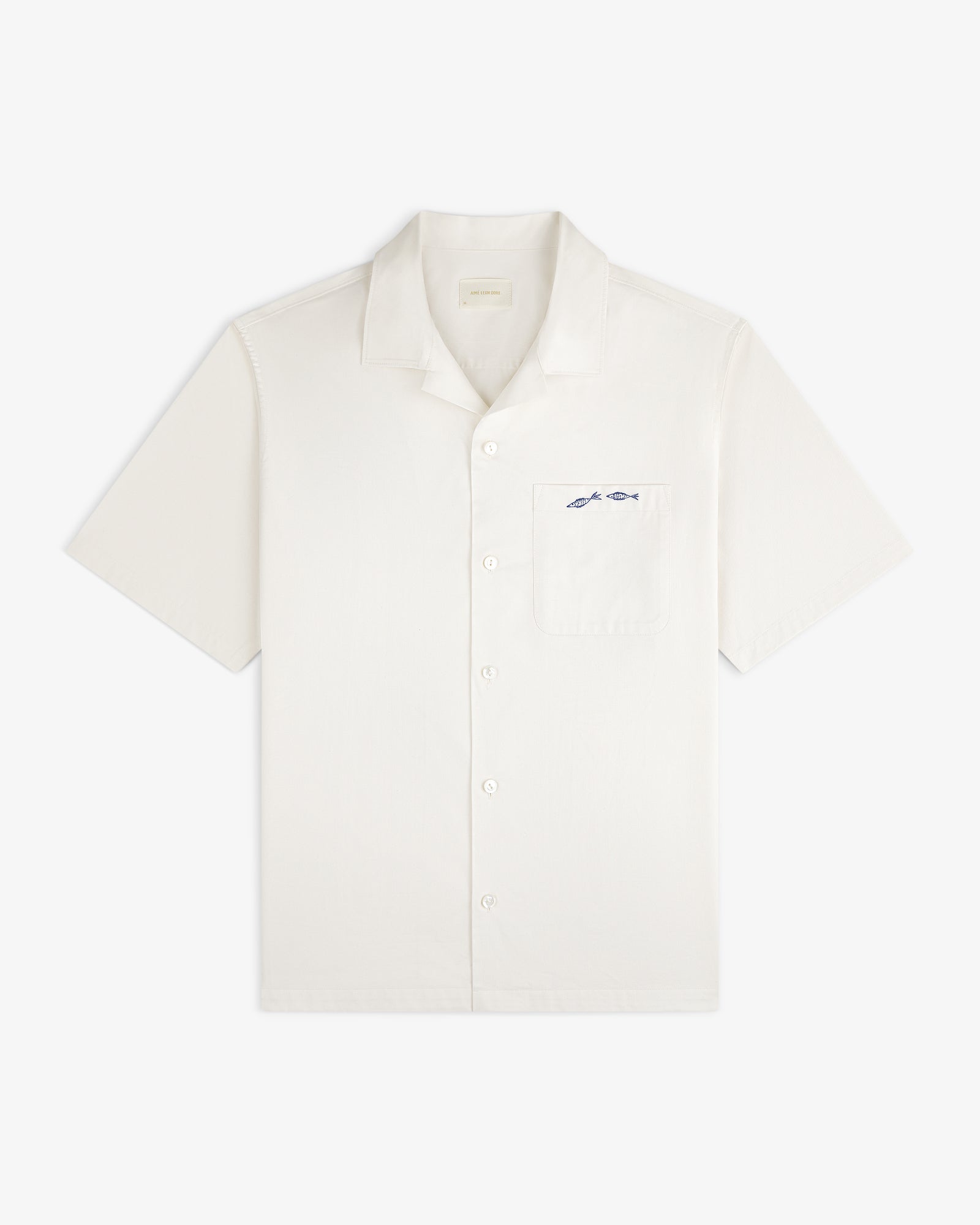 Fassianos "Rendez - Vous" Camp Shirt: short-sleeve white button-up with chest pocket and blue fish embroidery.