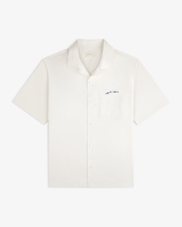 Fassianos "Rendez - Vous" Camp Shirt: short-sleeve white button-up with chest pocket and blue fish embroidery.