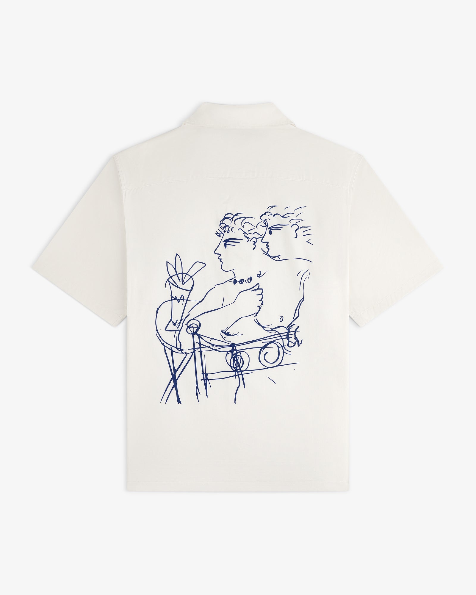 Fassianos "Rendez - Vous" Camp Shirt: white, short-sleeve with blue abstract figures and plants on the back.