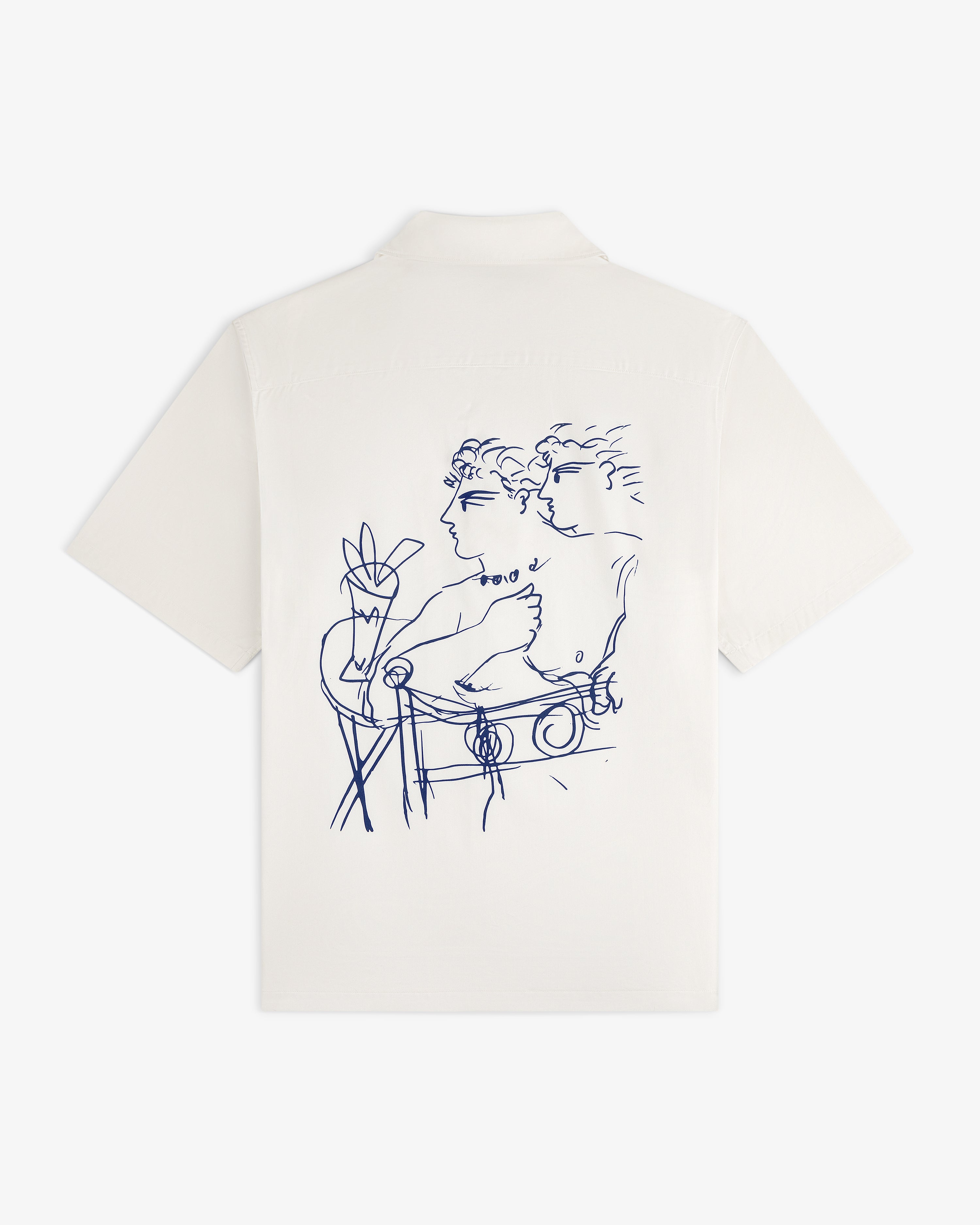 Fassianos "Rendez - Vous" Camp Shirt: white, short-sleeve with blue abstract figures and plants on the back.