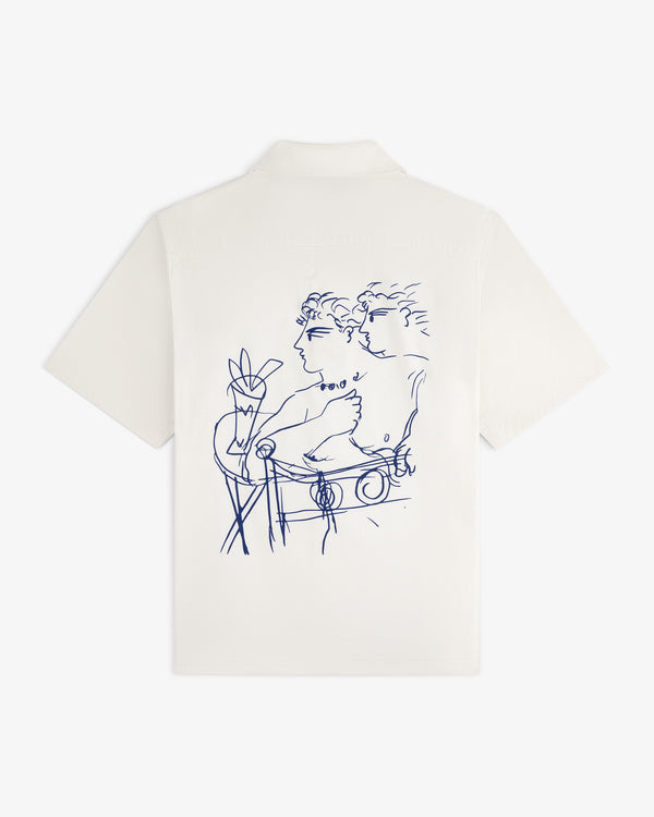 Fassianos "Rendez - Vous" Camp Shirt: white, short-sleeve with blue abstract figures and plants on the back.