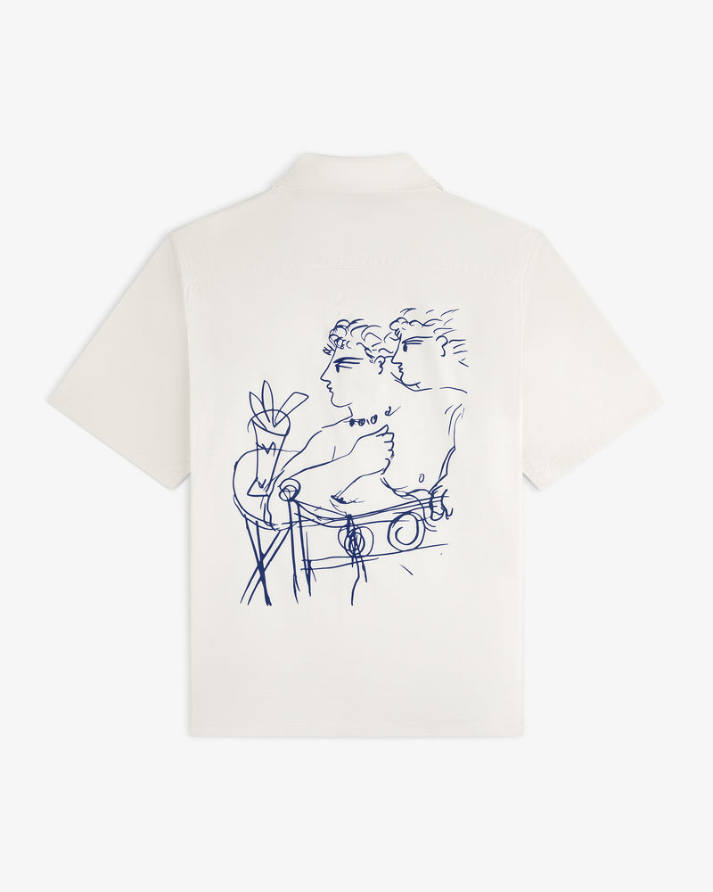Fassianos "Rendez - Vous" Camp Shirt: white, short-sleeve with blue abstract figures and plants on the back.