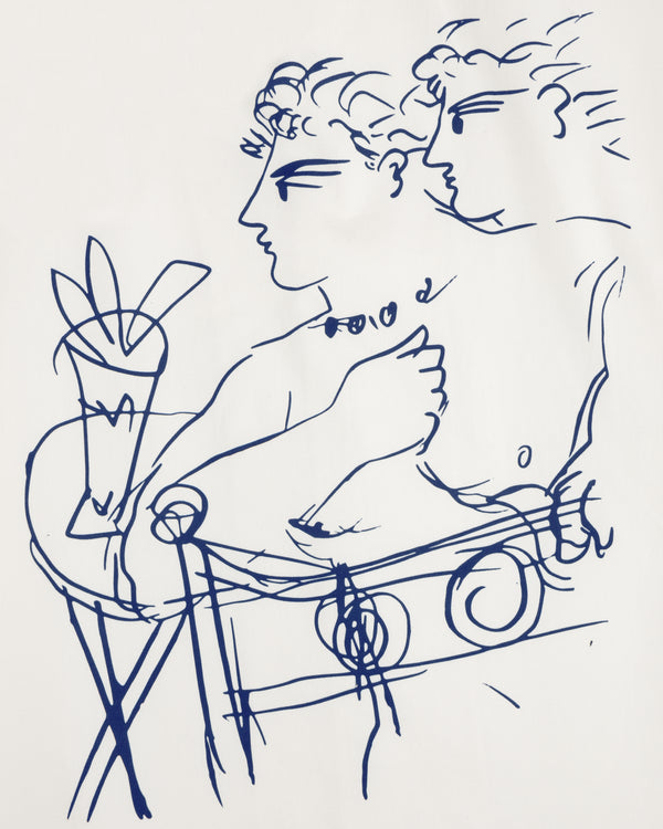 Line drawing on Fassianos "Rendez-Vous" Camp Shirt shows two abstract figures by a table with a vase of leaves or flowers.
