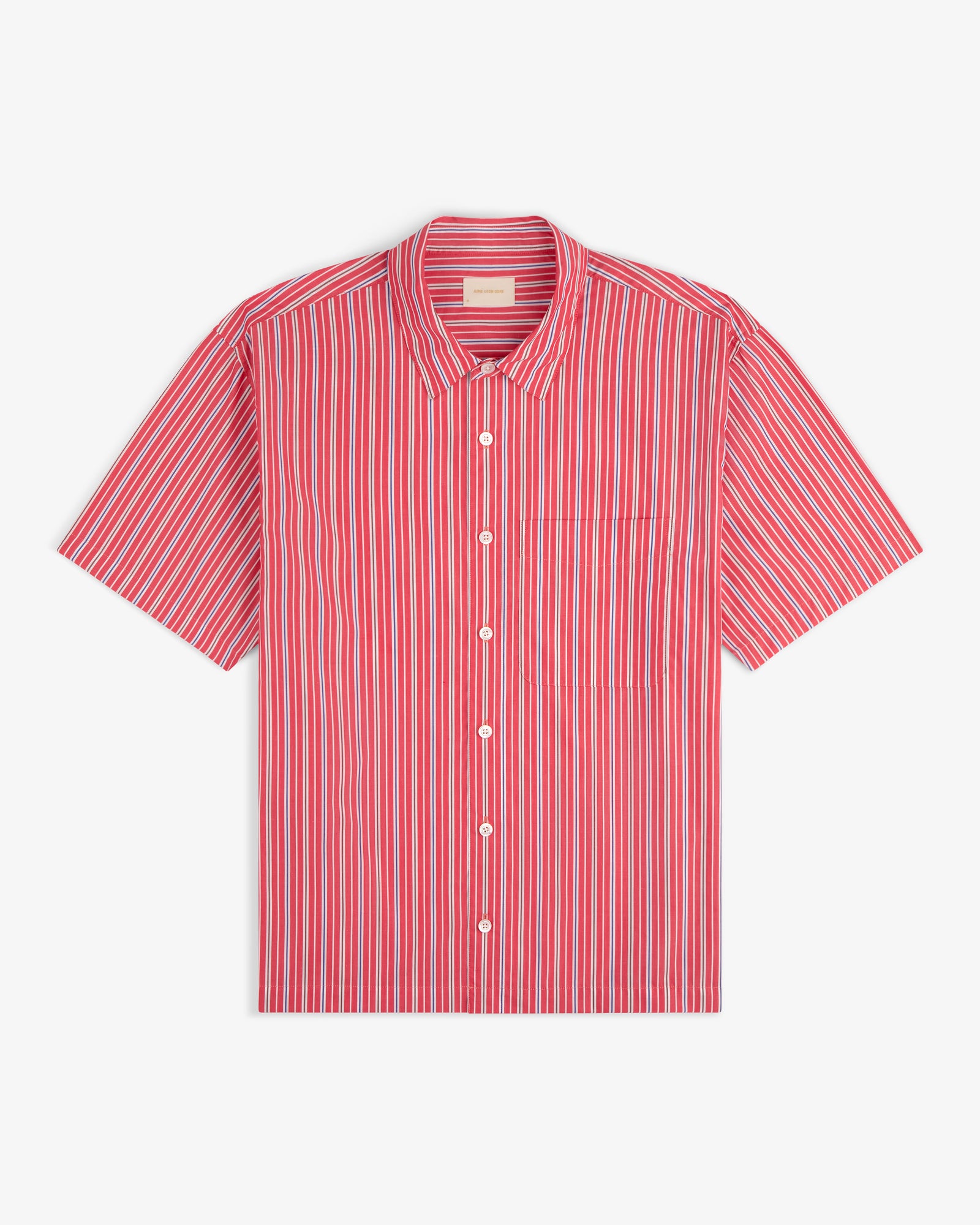 Yarn Dyed Striped Shirt in red and white with short sleeves, button-up front, and front pocket, laid flat on white.