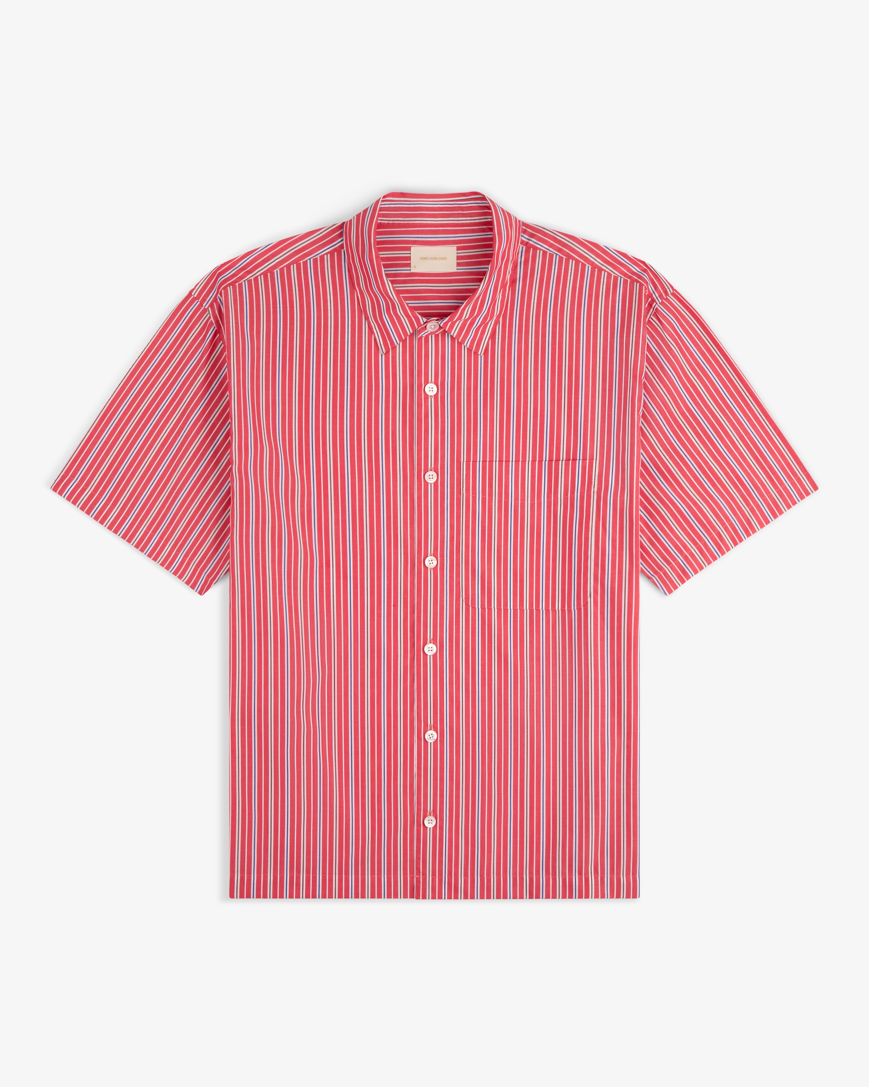 Yarn Dyed Striped Shirt in red and white with short sleeves, button-up front, and front pocket, laid flat on white.