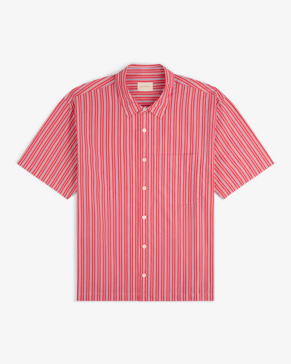 Yarn Dyed Striped Shirt in red and white with short sleeves, button-up front, and front pocket, laid flat on white.